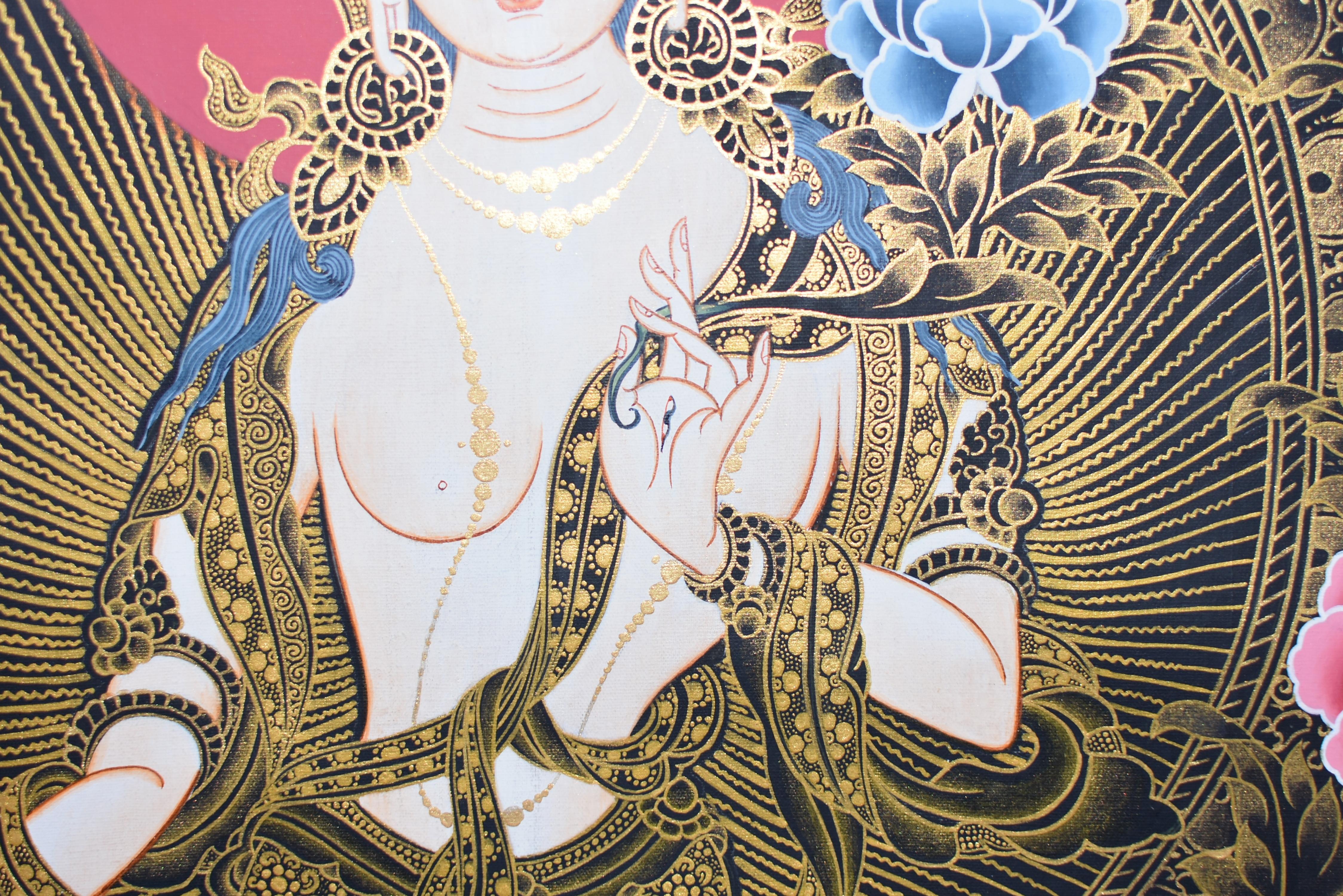 Hand Painted Thangka Gold White Tara  For Sale 2
