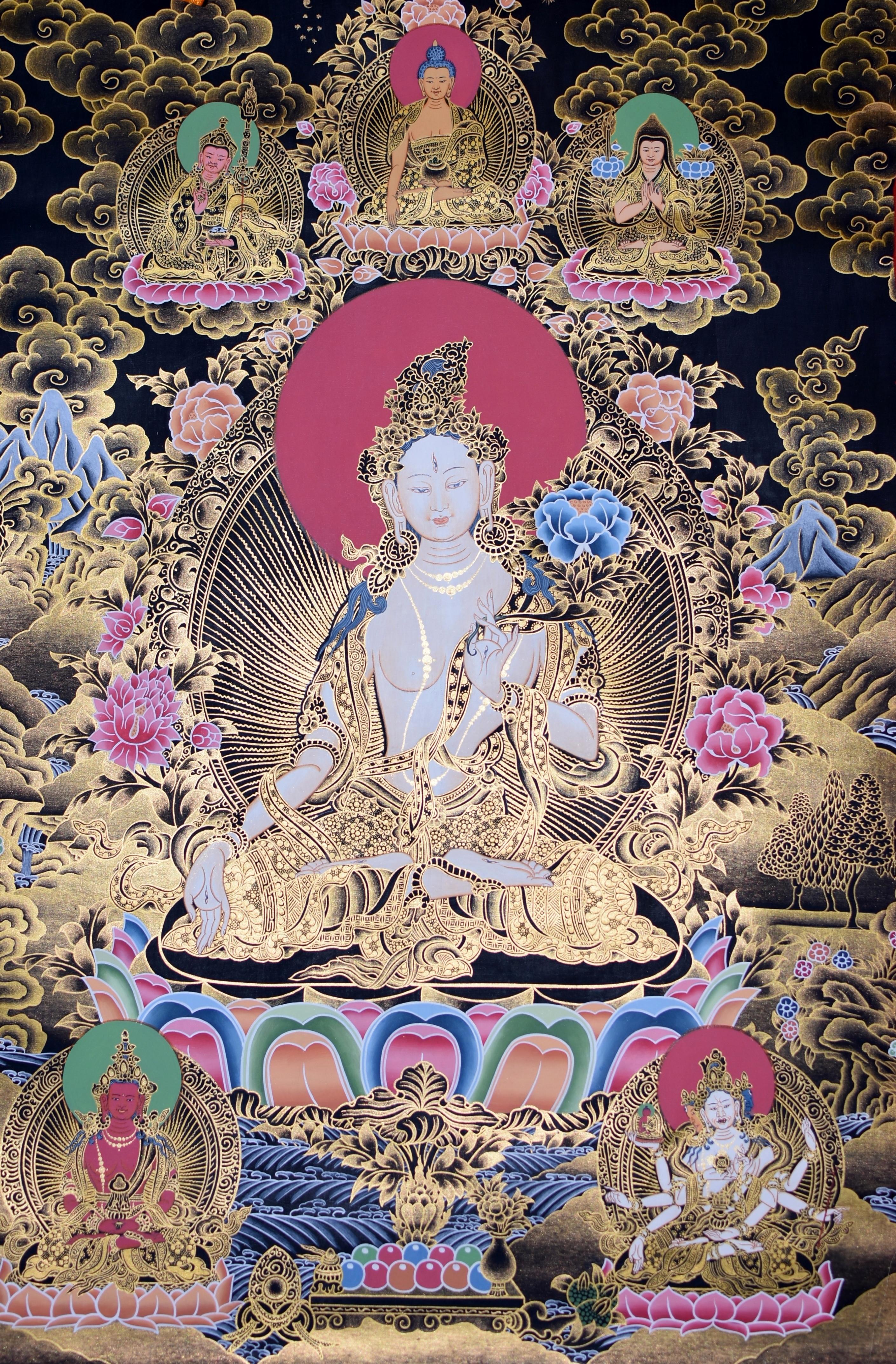 Tibetan Hand Painted Thangka Gold White Tara  For Sale