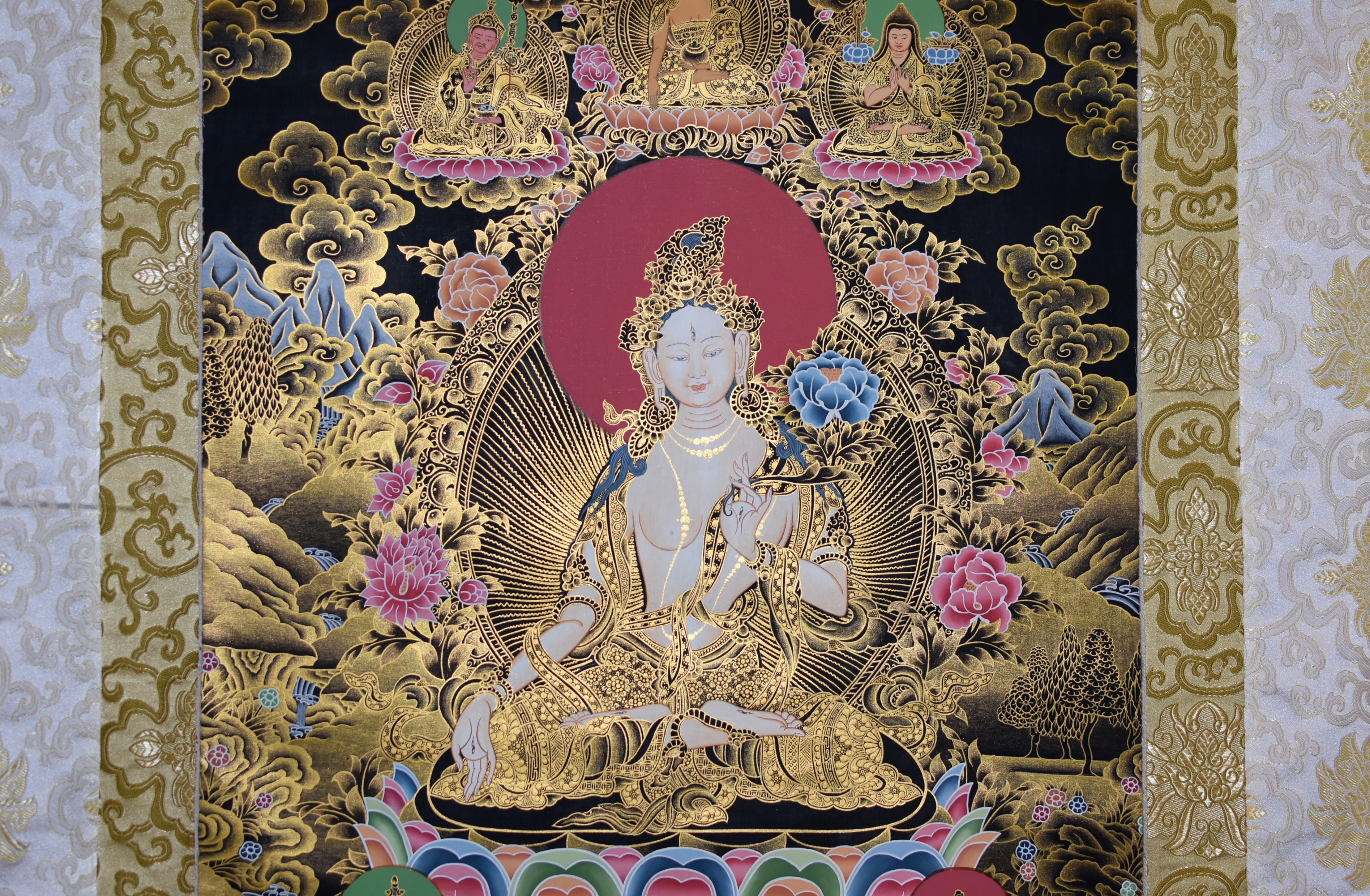 Nepalese Hand Painted Thangka Gold White Tara  For Sale