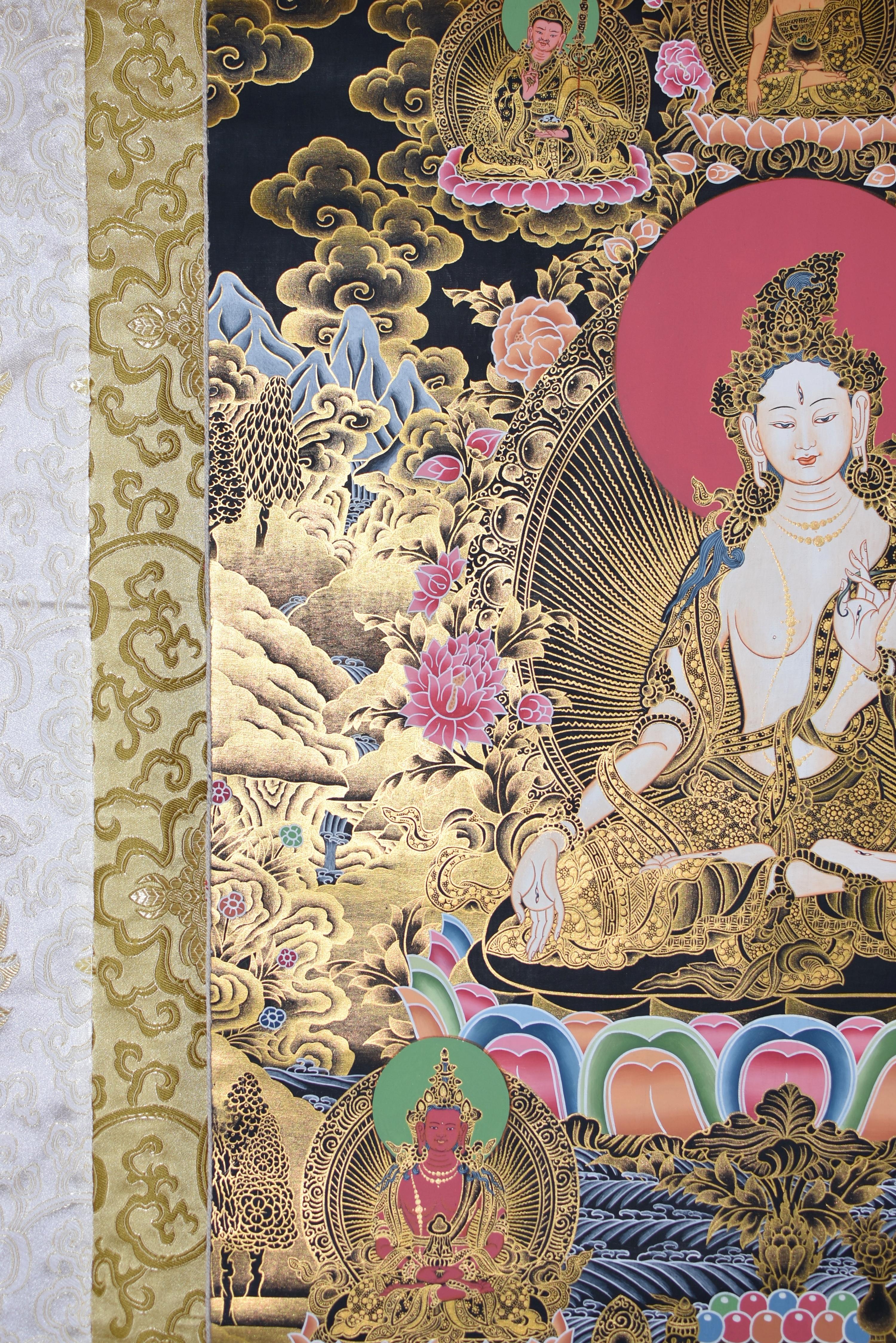Hand-Painted Hand Painted Thangka Gold White Tara  For Sale