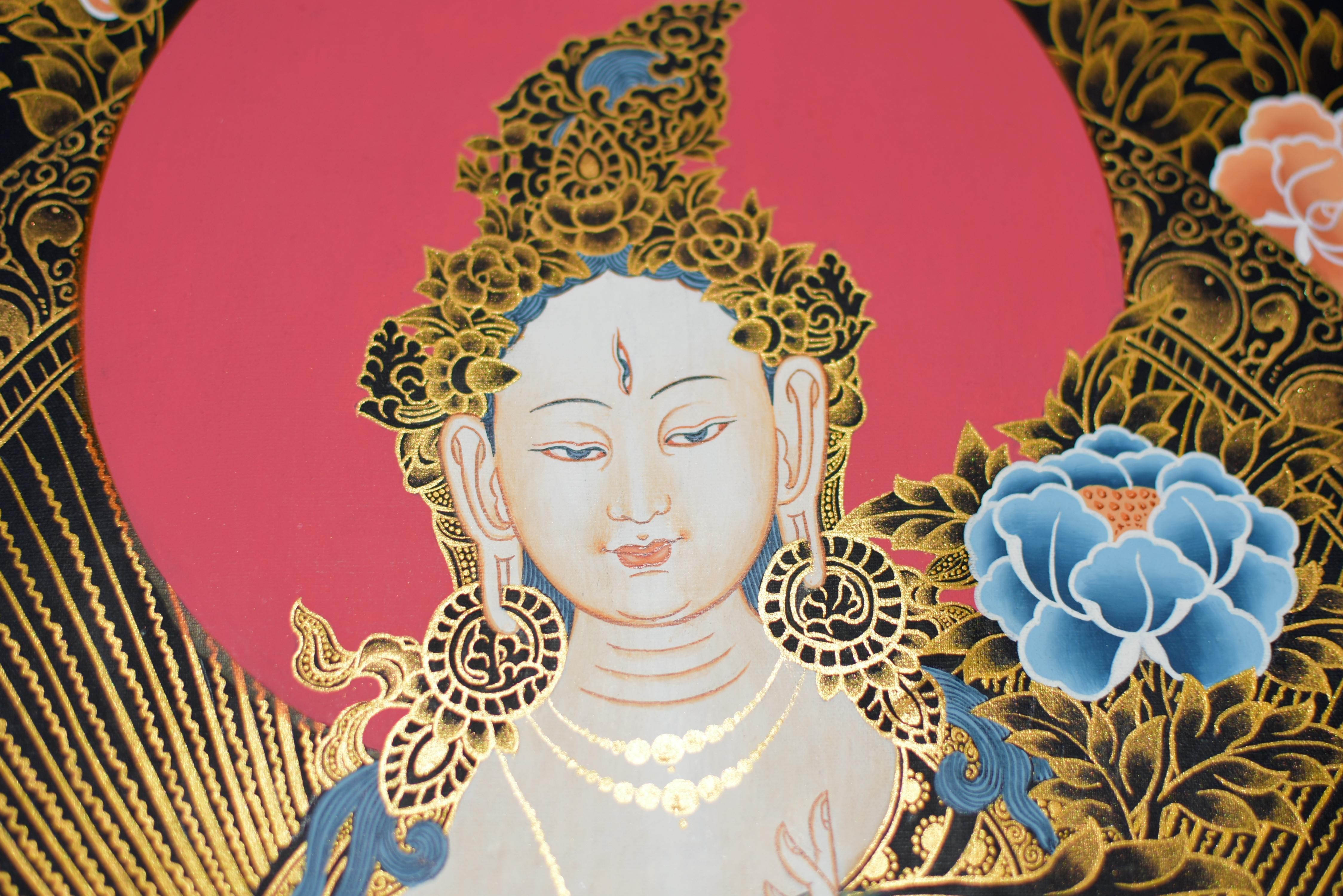 Contemporary Hand Painted Thangka Gold White Tara  For Sale