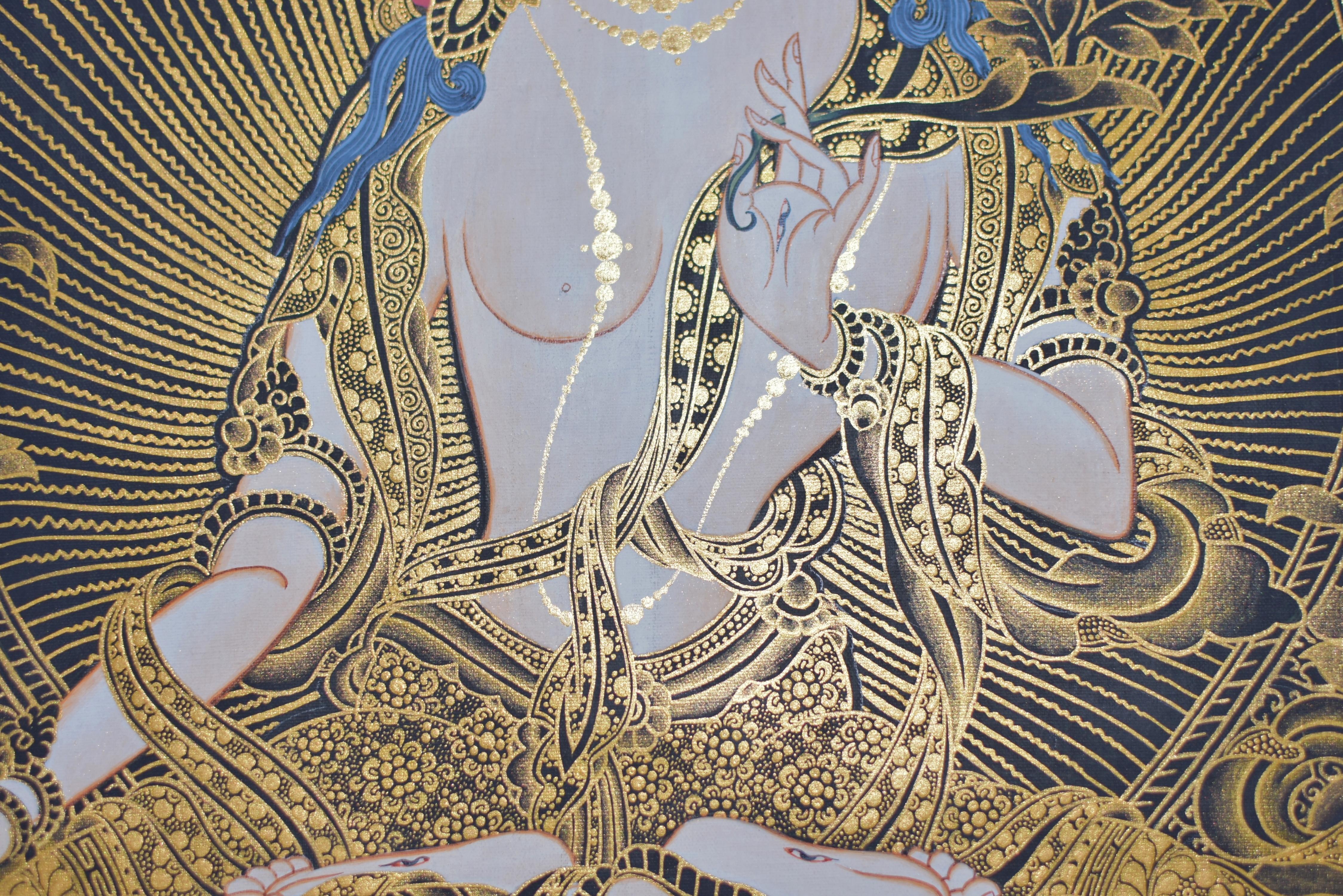 Brocade Hand Painted Thangka Gold White Tara  For Sale