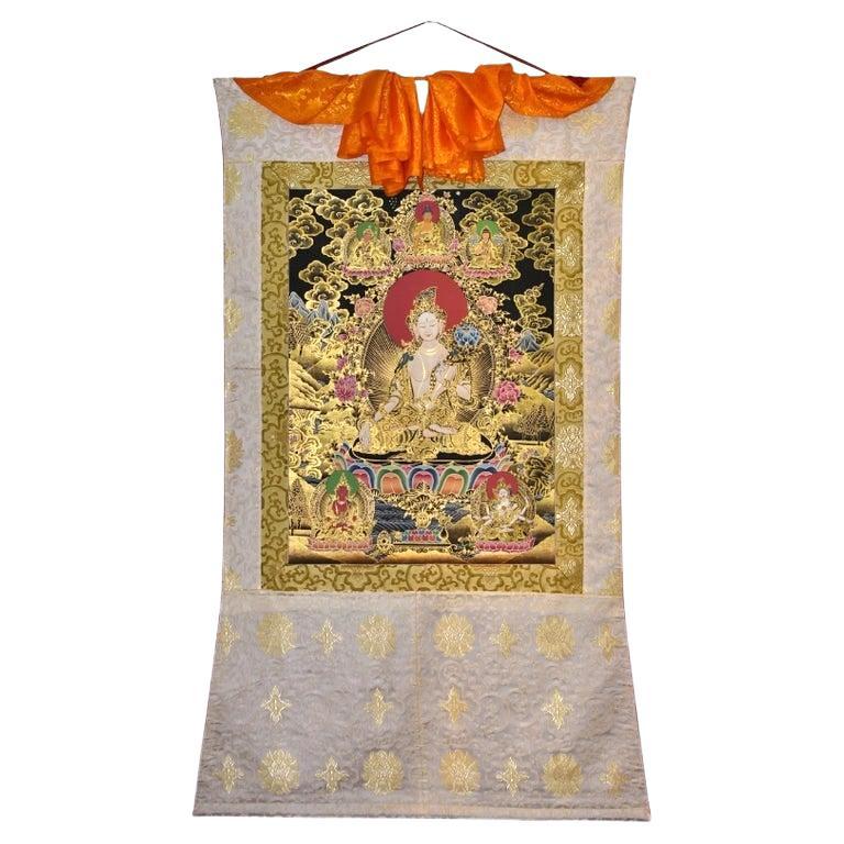 Hand Painted Thangka Gold White Tara  For Sale