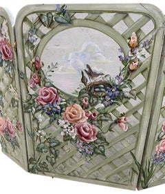 Hand painted Three Panel Floral Standing Screen