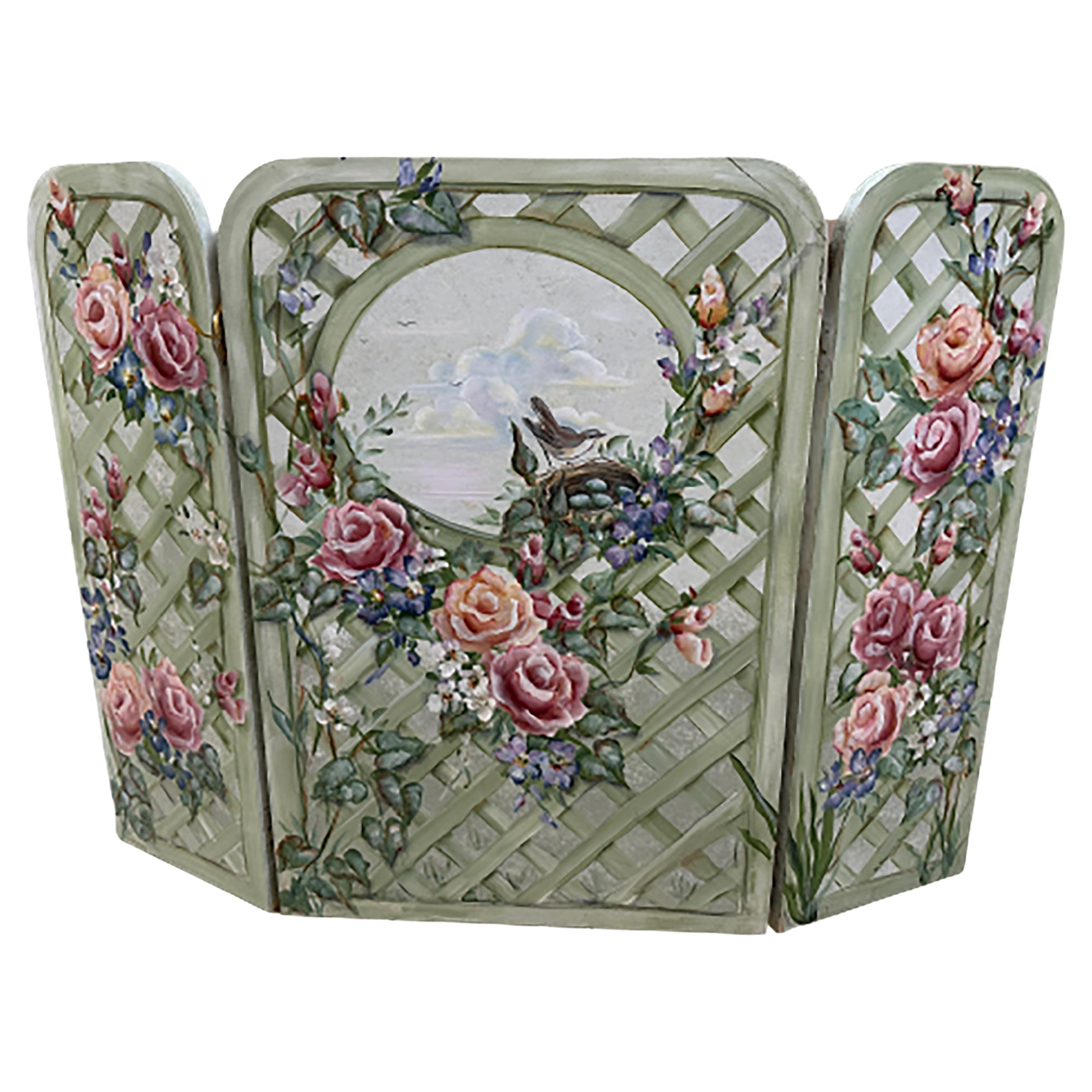 Hand painted Three Panel Floral Standing Screen  For Sale