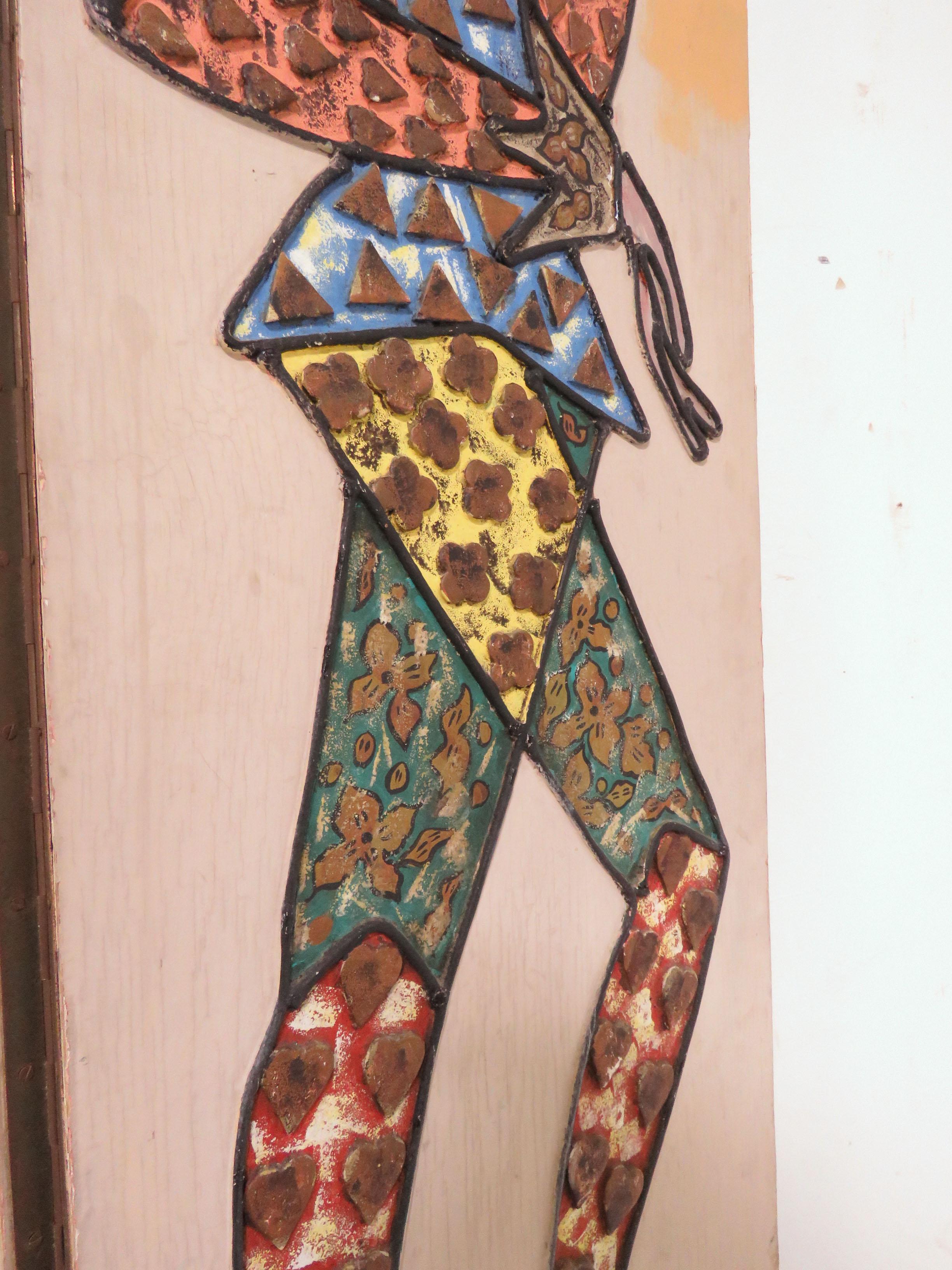 Hand Painted Three-Panel Screen/ Room Divider of Harlequin Figures, circa 1960s 1