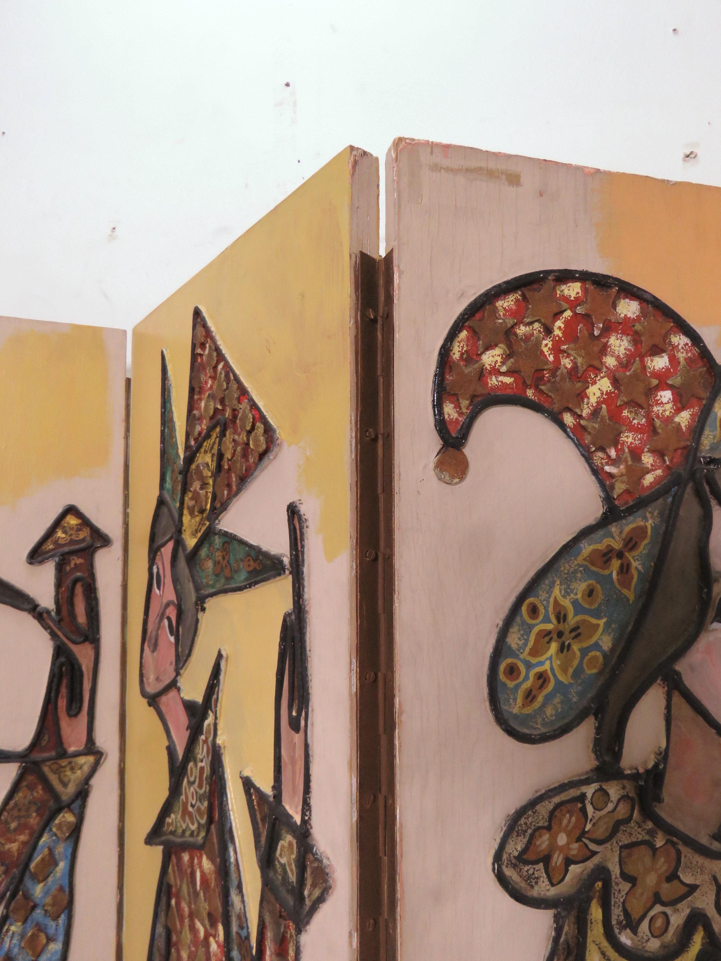 Hand Painted Three-Panel Screen/ Room Divider of Harlequin Figures, circa 1960s 4