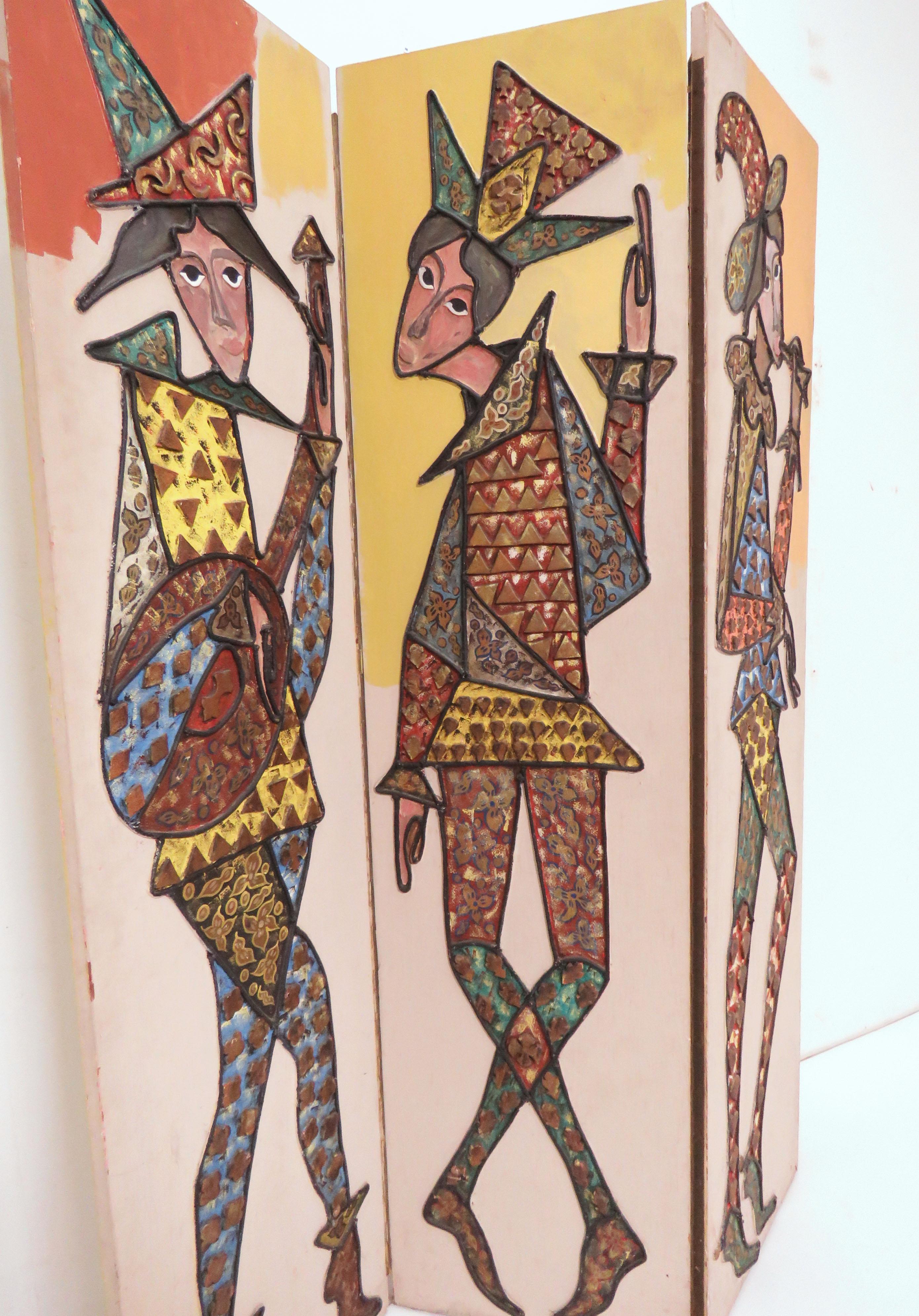 Mid-Century Modern Hand Painted Three-Panel Screen/ Room Divider of Harlequin Figures, circa 1960s