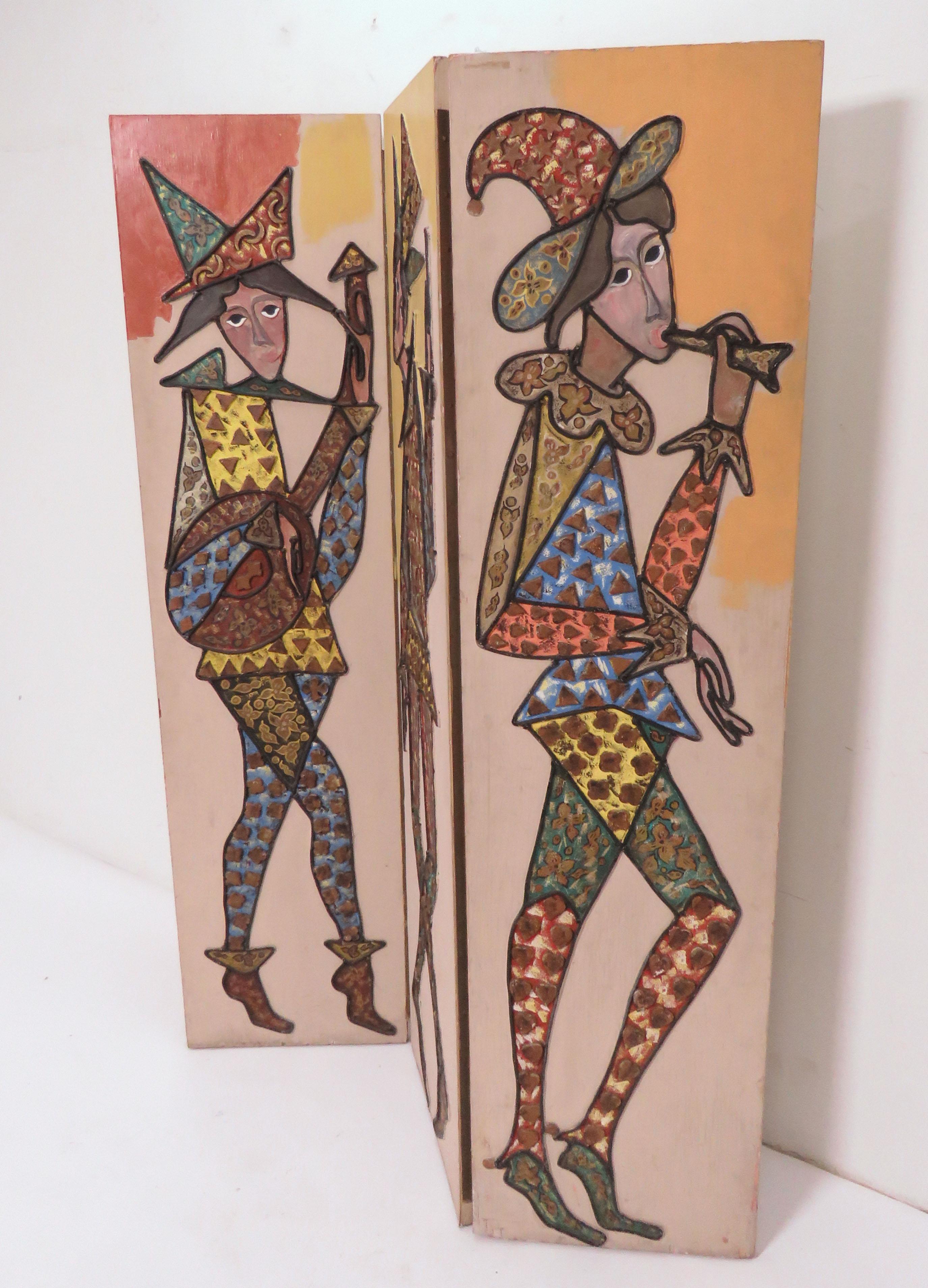 American Hand Painted Three-Panel Screen/ Room Divider of Harlequin Figures, circa 1960s