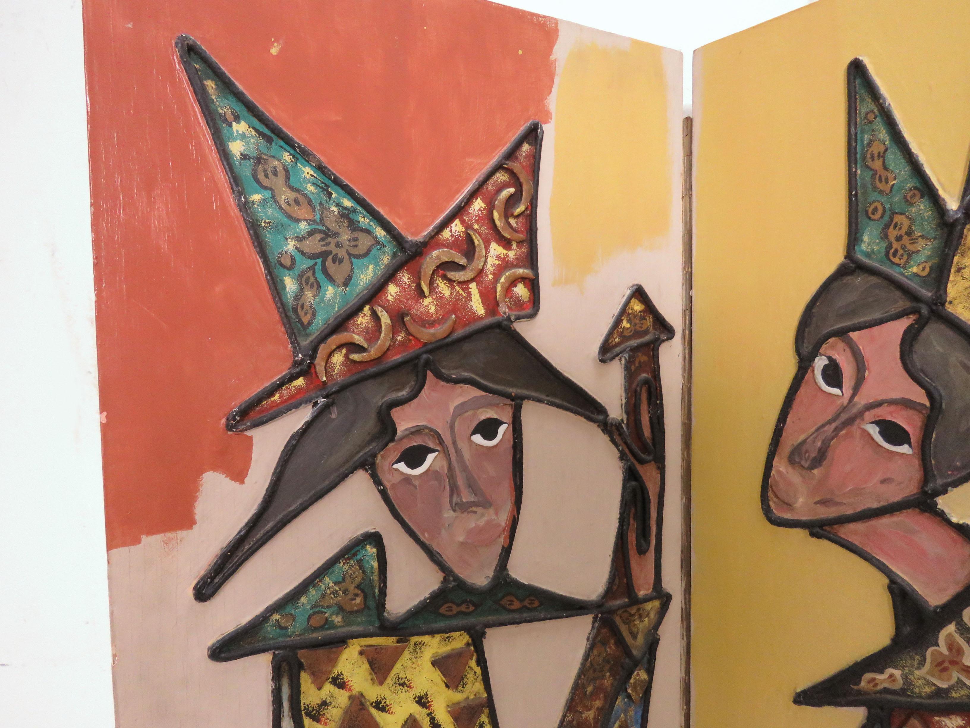 Hand-Painted Hand Painted Three-Panel Screen/ Room Divider of Harlequin Figures, circa 1960s