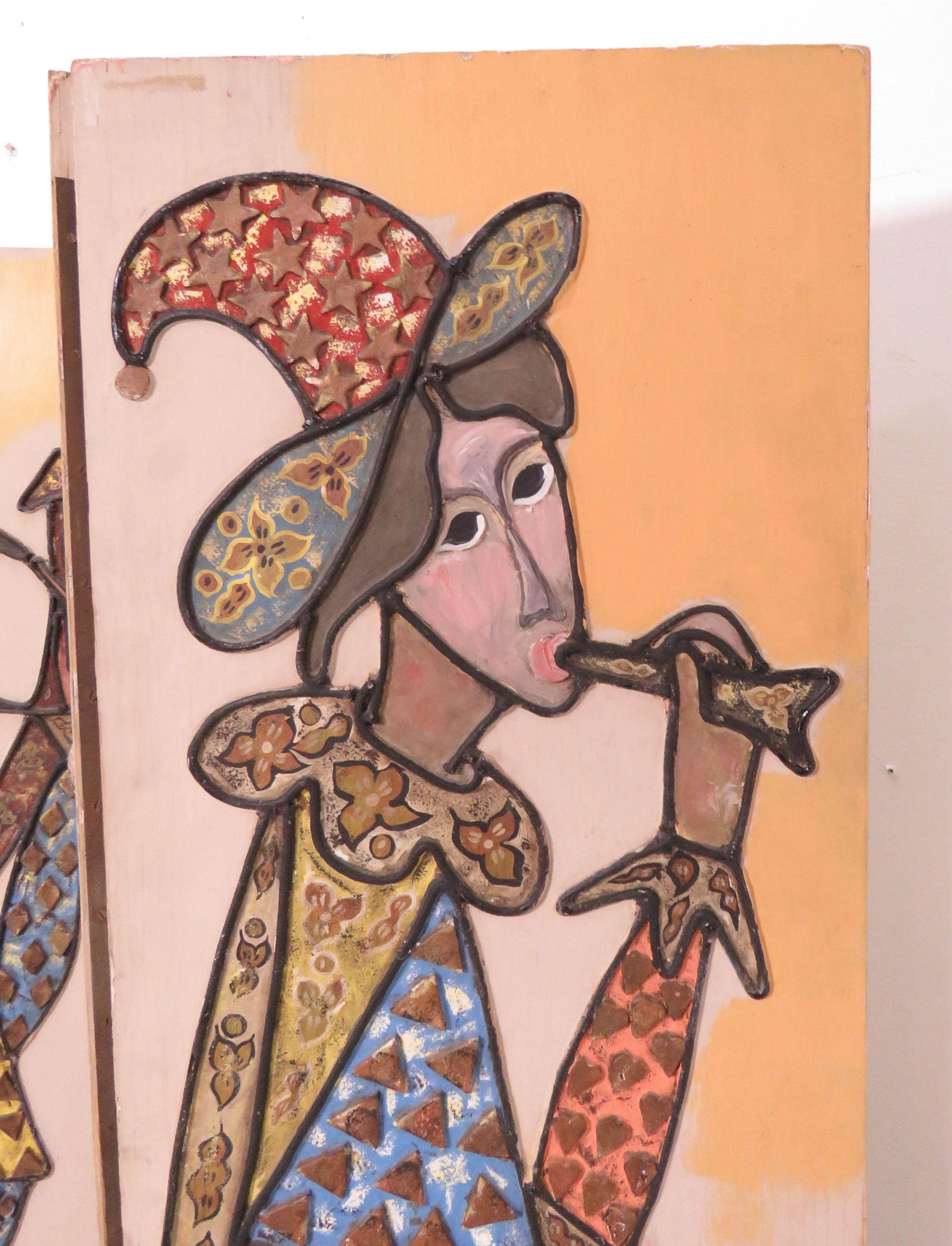 Mid-20th Century Hand Painted Three-Panel Screen/ Room Divider of Harlequin Figures, circa 1960s