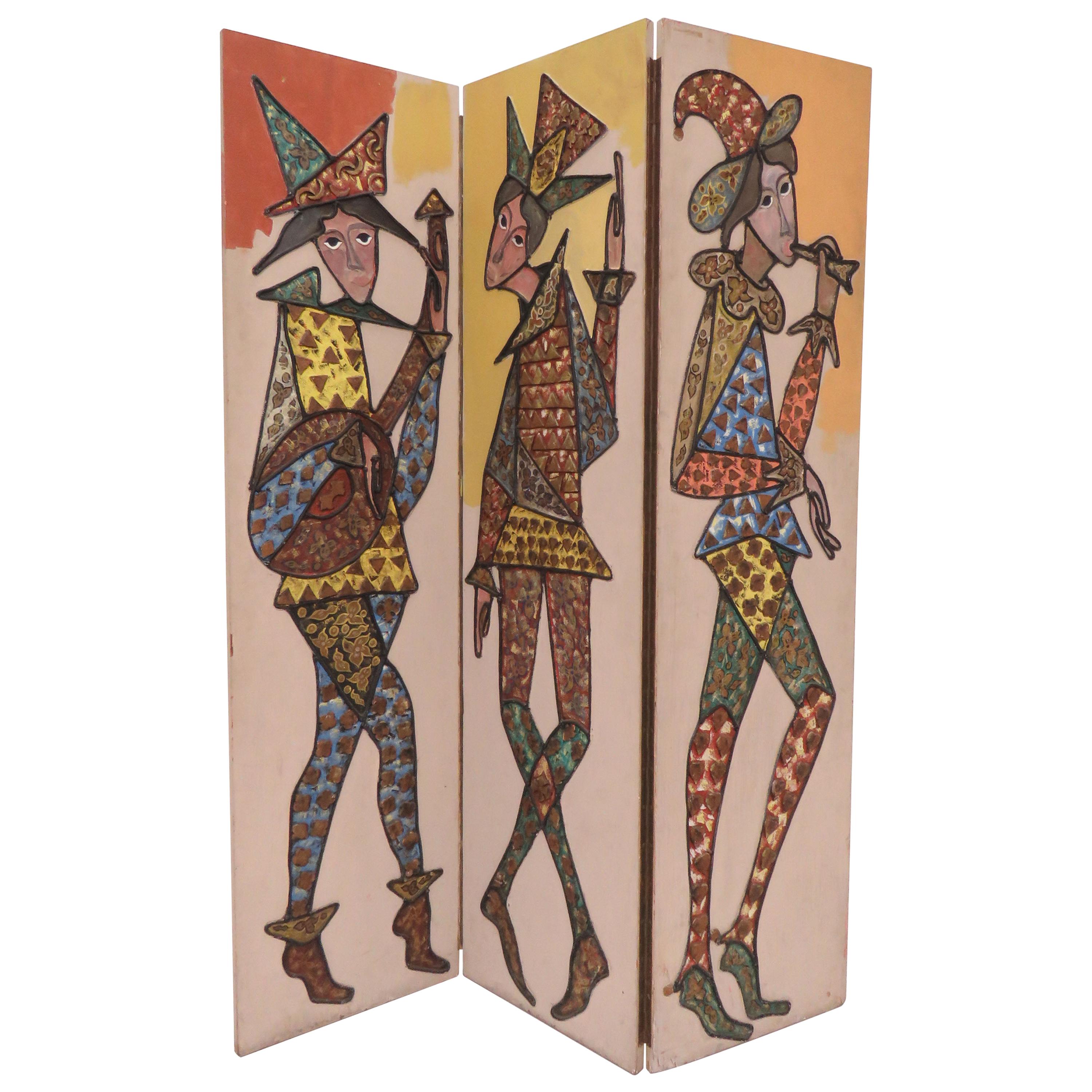 Hand Painted Three-Panel Screen/ Room Divider of Harlequin Figures, circa 1960s