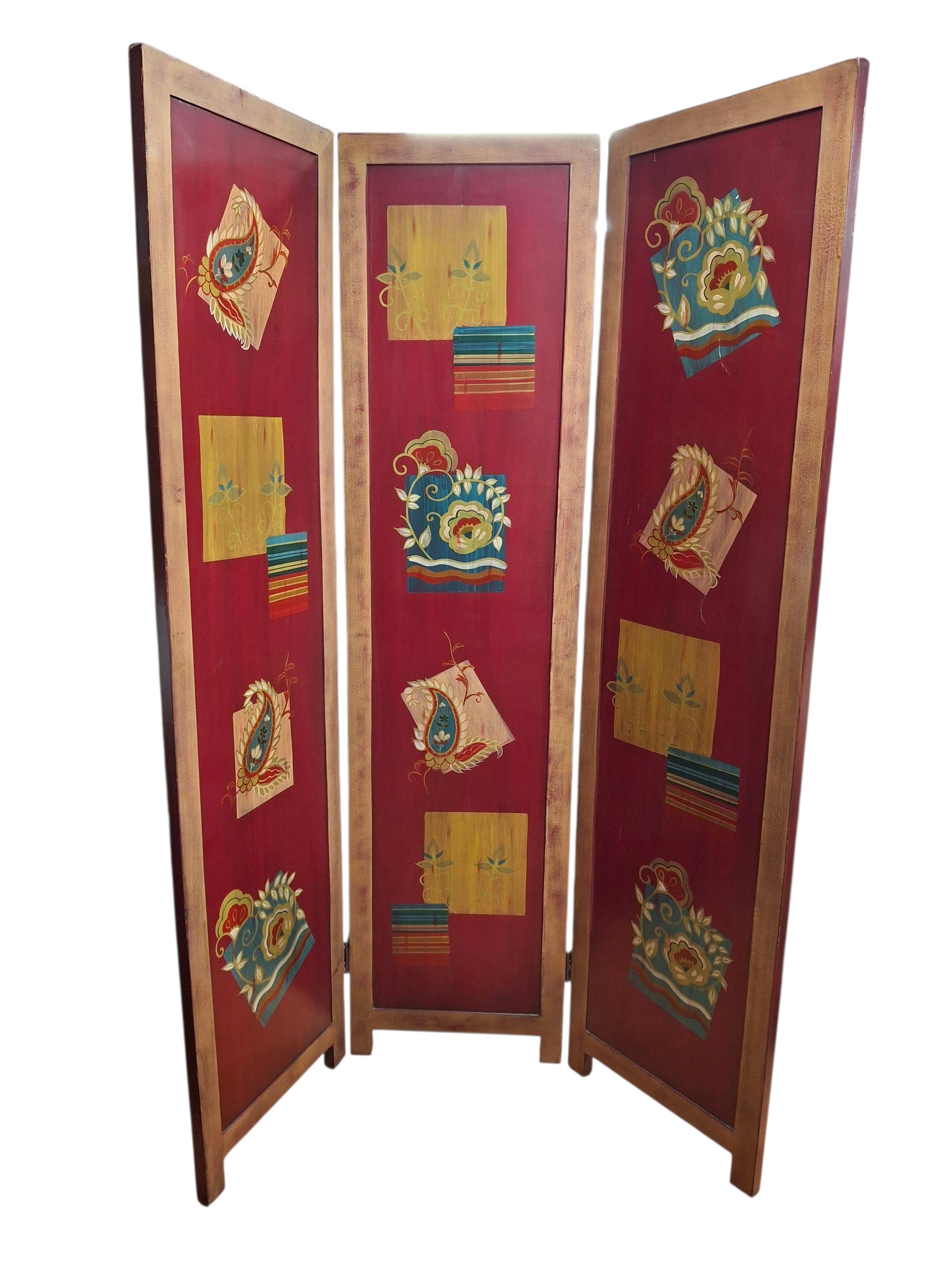 Three Panel Hand Painted Folding Screen For Sale 2