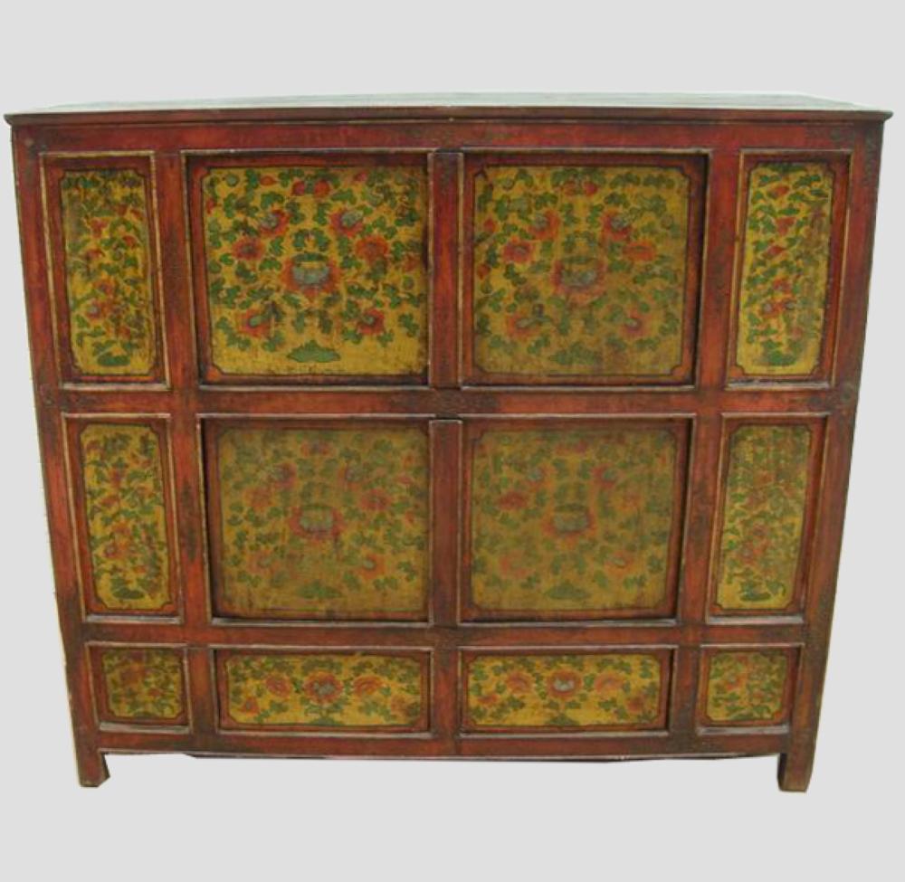 This impressive vintage Tibetan chest is colorfully decorated to represent the exotic Tibetan culture and its expressive art style. The vibrant use of colors directly reflects the personality of Tibetan people who are passionate with life. The