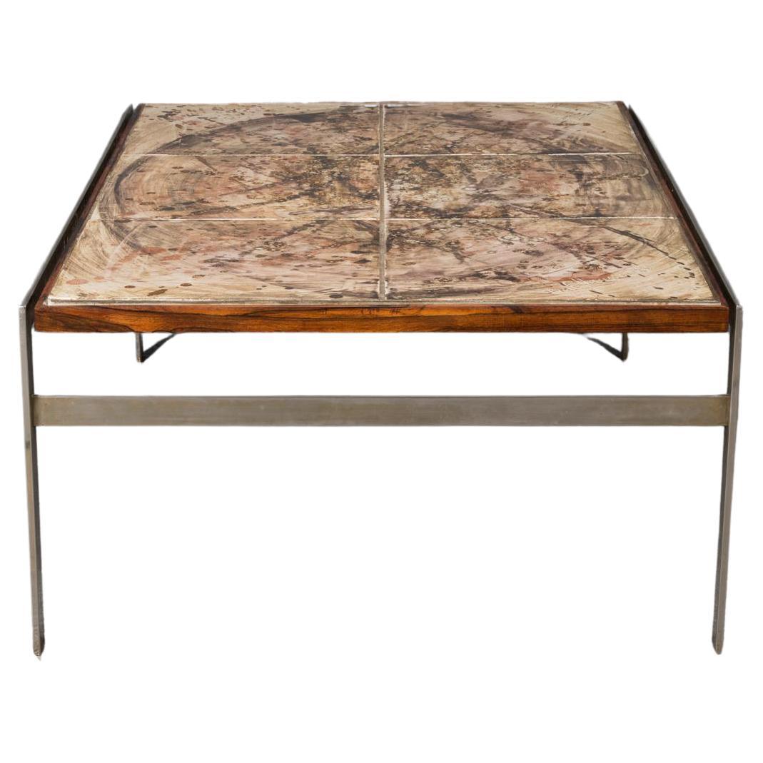 Hand-Painted Tile Coffee Table with Rosewood and Chrome Frame For Sale