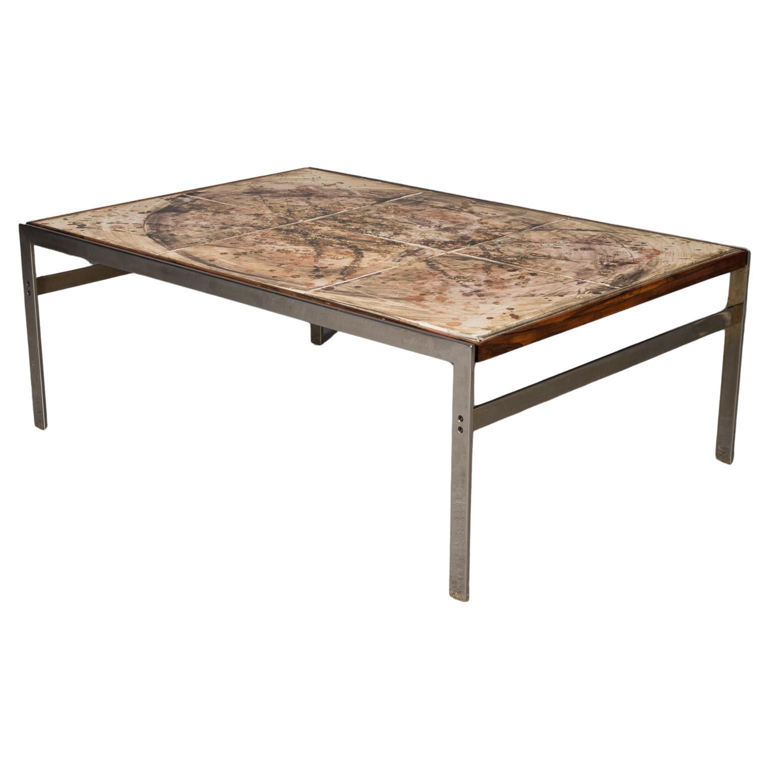 Hand-Painted Tile Coffee Table with Rosewood and Chrome Frame
