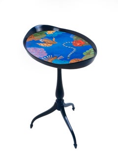 Hand Painted Tilt-Top Table Oval Tray Occasional Table with Classic Blue Finish