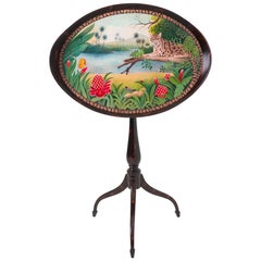 Hand Painted Tilt-Top Table Oval Tray Occasional Table w/ Stormy Mahogany Finish