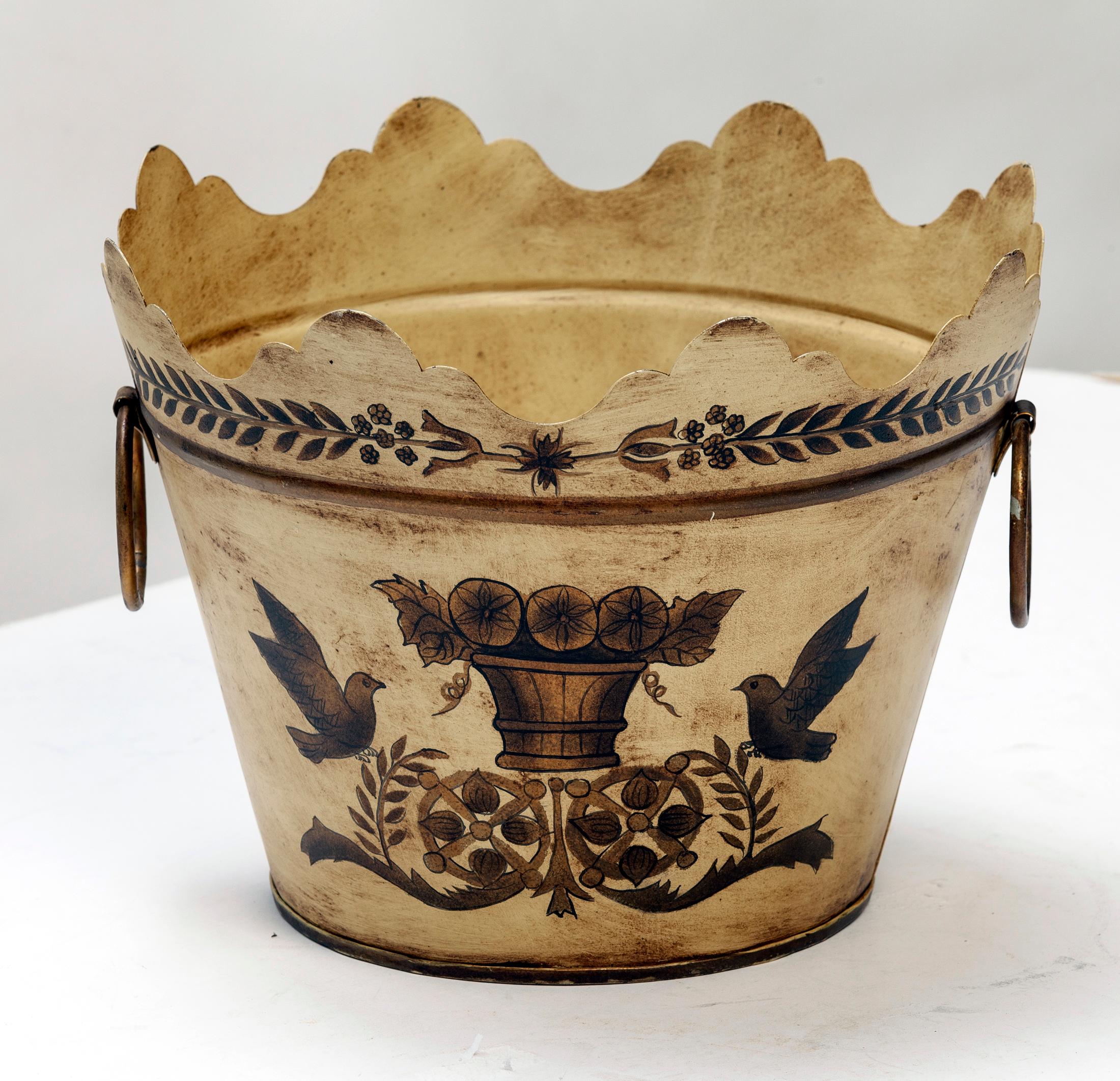 Neoclassical Revival Hand Painted Tin Jardinere/Bucket in Tan; Handpainted in Black & Gold For Sale