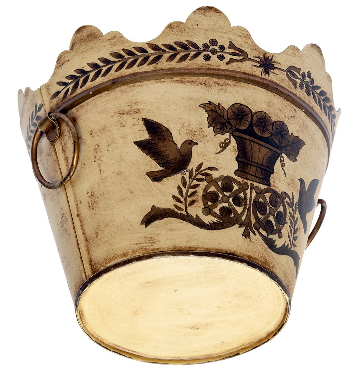 Hand-Painted Hand Painted Tin Jardinere/Bucket in Tan; Handpainted in Black & Gold For Sale