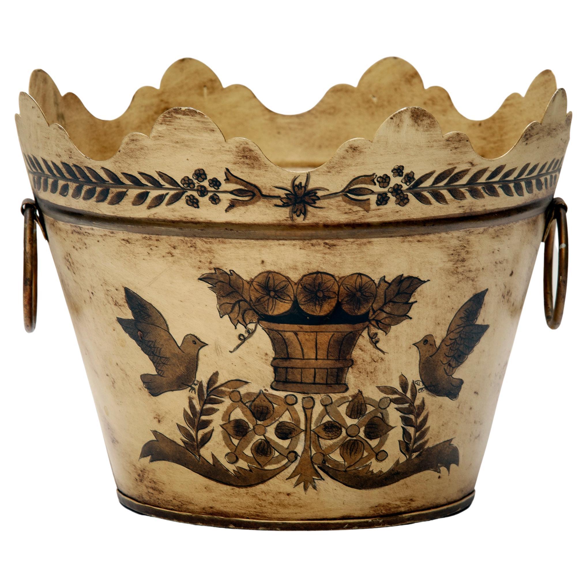 Hand Painted Tin Jardinere/Bucket in Tan; Handpainted in Black & Gold For Sale