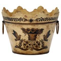 Hand Painted Tin Jardinere/Bucket in Tan; Handpainted in Black & Gold