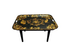 Tole Tray Coffee Table in Gold and Black with Bird Decoration