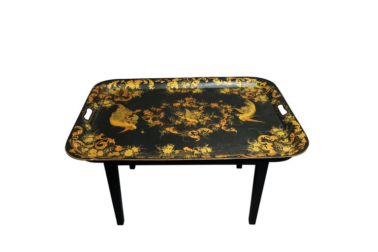 Tole Tray Coffee Table in Gold and Black with Bird Decoration For Sale at 1stDibs decorative
