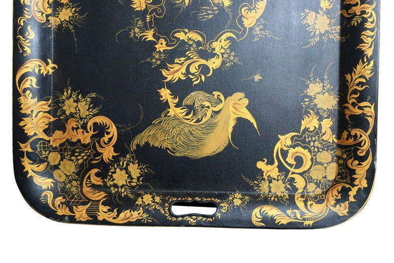 Tole Tray Coffee Table in Gold and Black with Bird Decoration For Sale