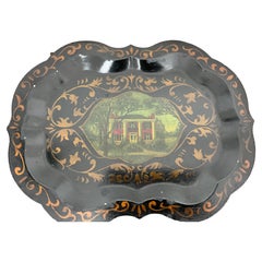 Hand-Painted Tôle Tray with Classical Southern Plantation Scene, Signed