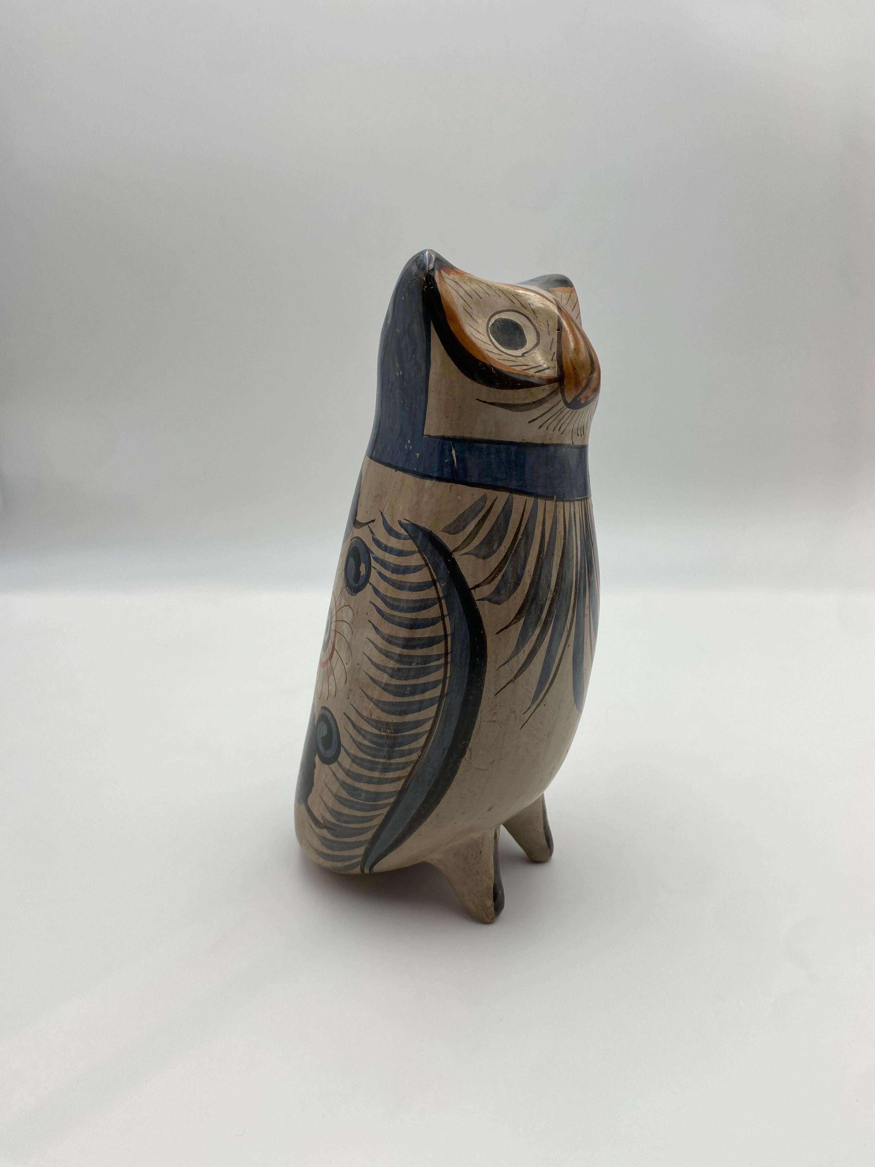 Mid-Century Modern Hand Painted Tonala Pottery Owl, Mexico 1960s  For Sale