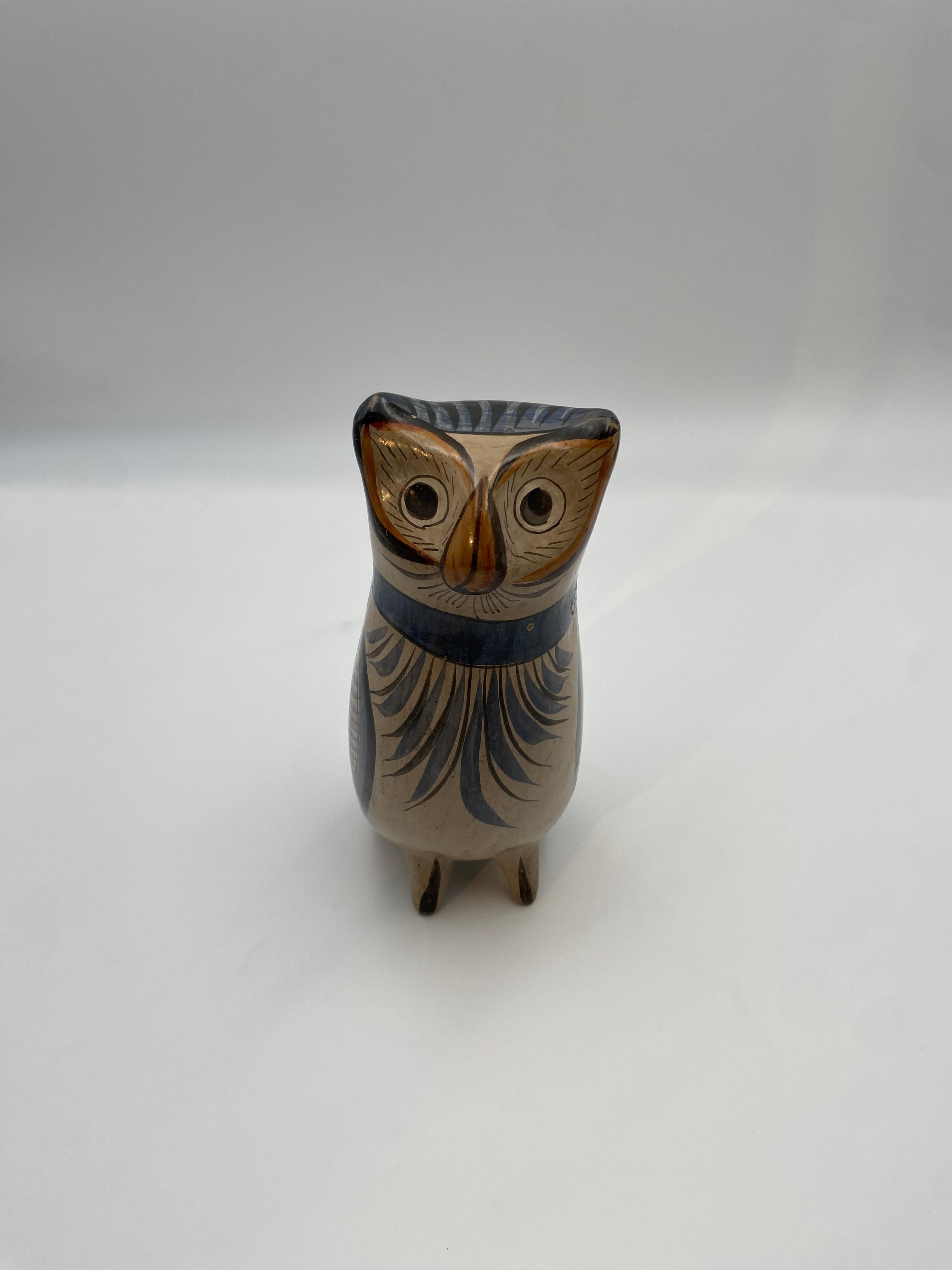Mexican Hand Painted Tonala Pottery Owl, Mexico 1960s  For Sale