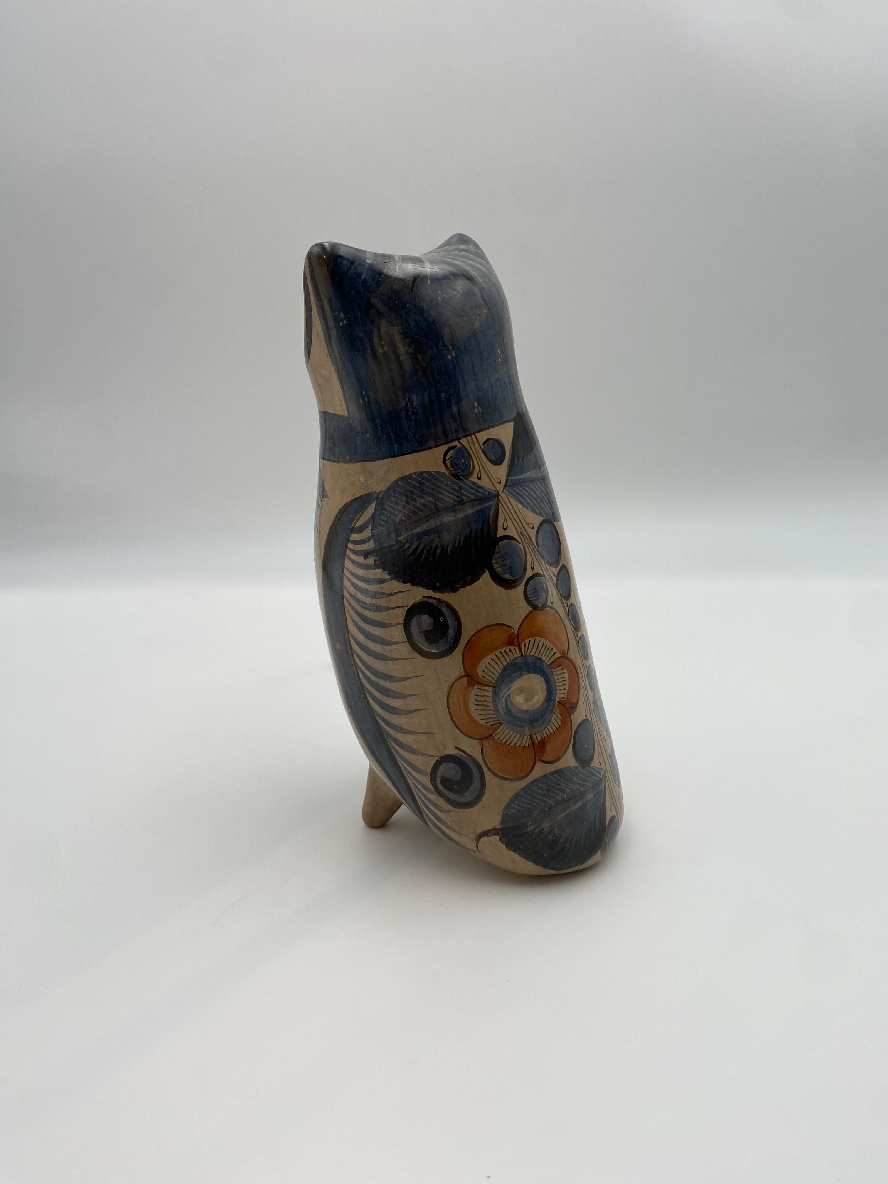 Hand-Painted Hand Painted Tonala Pottery Owl, Mexico 1960s  For Sale