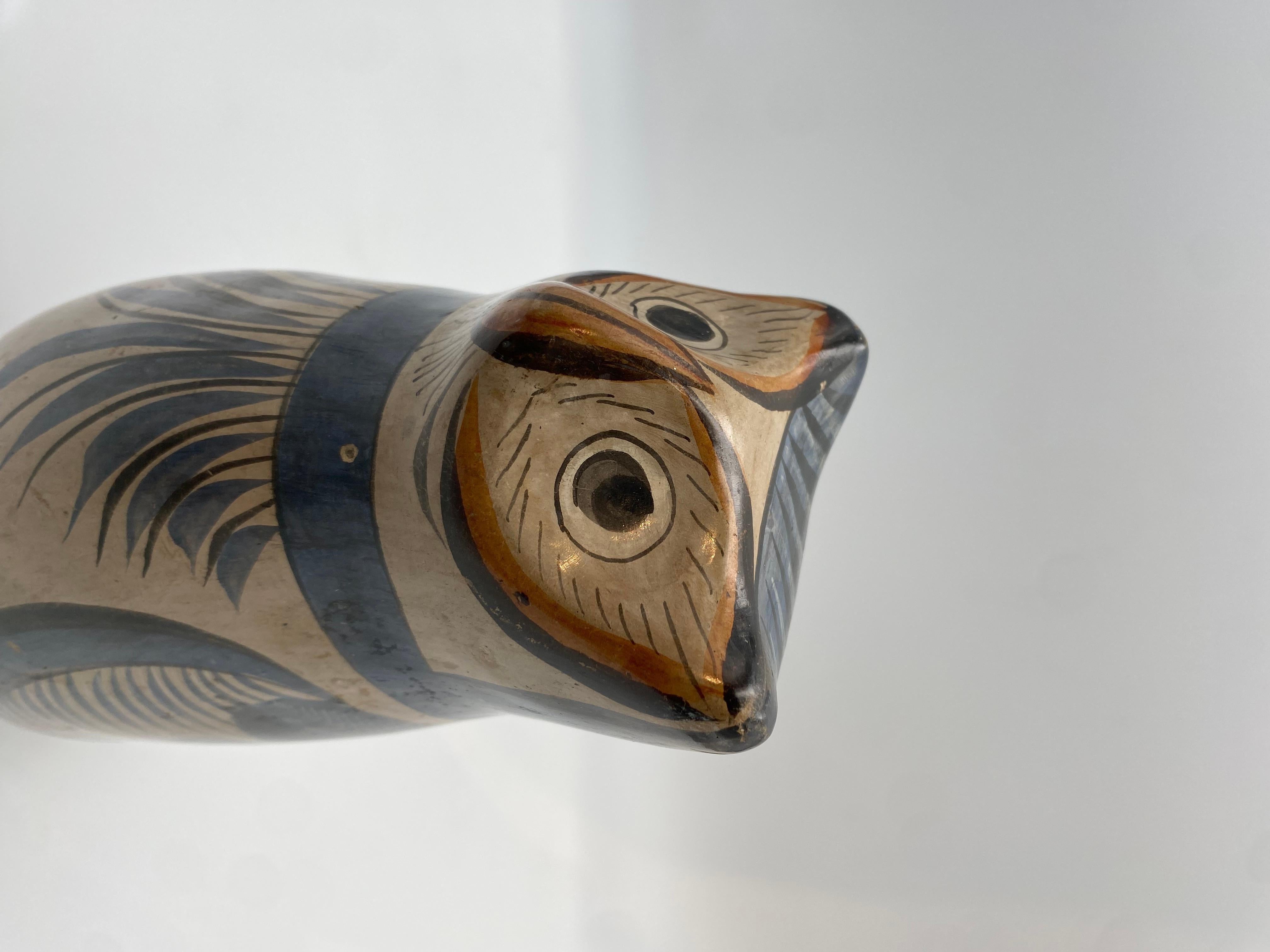 Mid-20th Century Hand Painted Tonala Pottery Owl, Mexico 1960s  For Sale