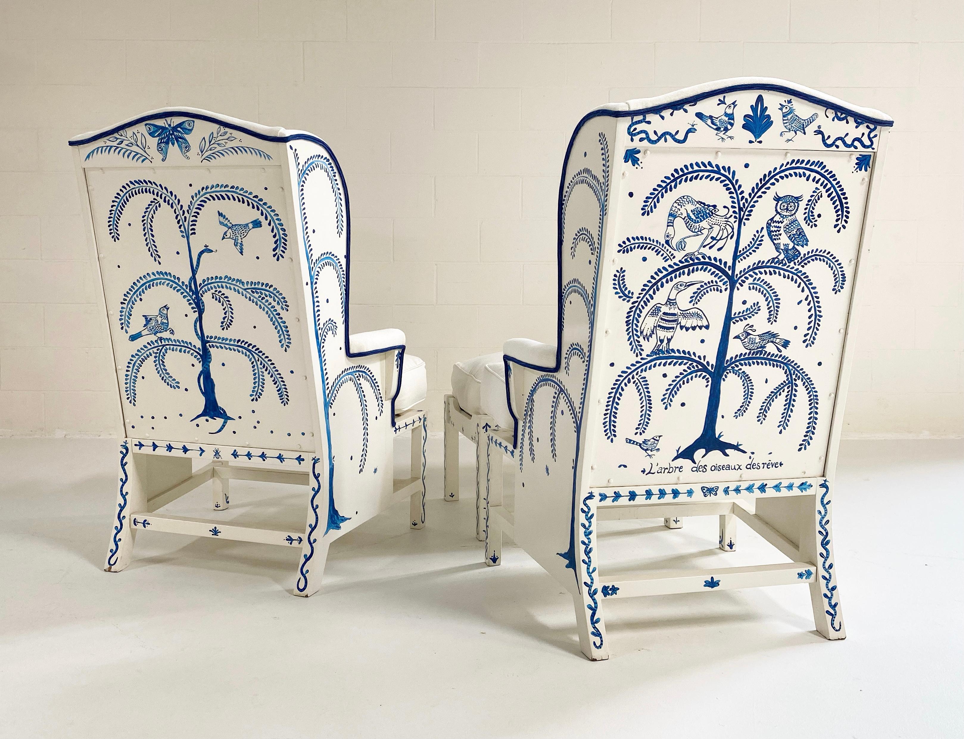 Hand-Painted 'Tree of Dream Birds' Set, Pair of Wingbacks with Ottoman 4