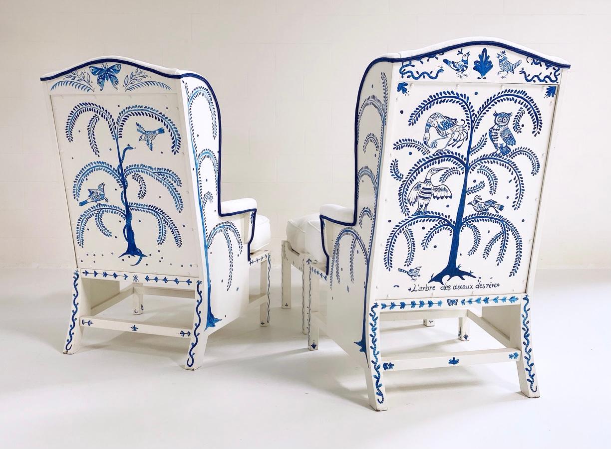 Hand-Painted 'Tree of Dream Birds' Set, Pair of Wingbacks with Ottoman 5