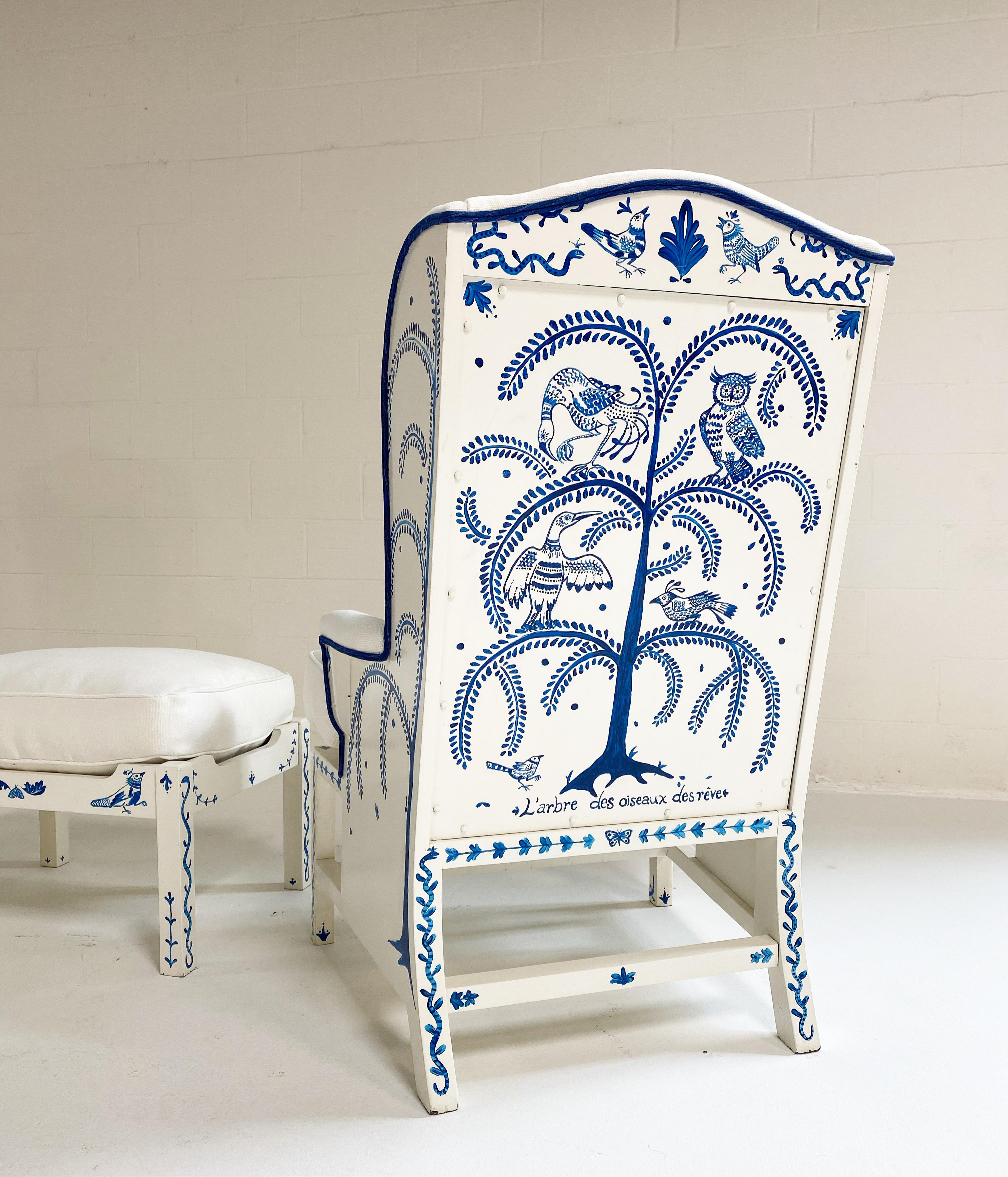 Hand-Painted 'Tree of Dream Birds' Set, Pair of Wingbacks with Ottoman 7