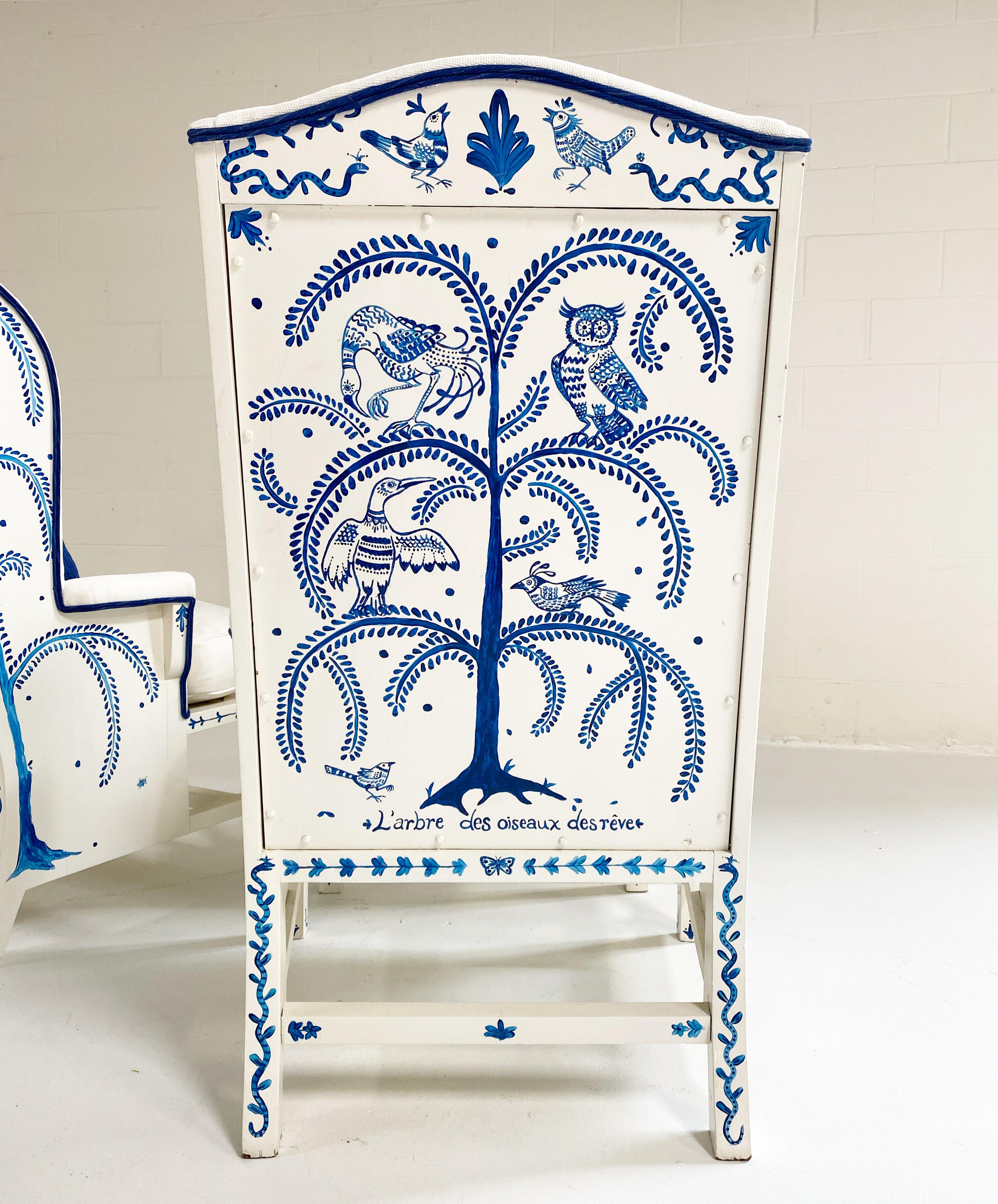 Hand-Painted 'Tree of Dream Birds' Set, Pair of Wingbacks with Ottoman 8
