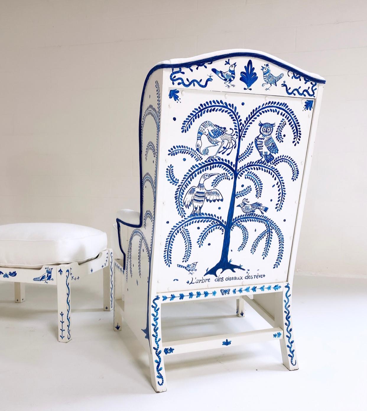 Hand-Painted 'Tree of Dream Birds' Set, Pair of Wingbacks with Ottoman 9