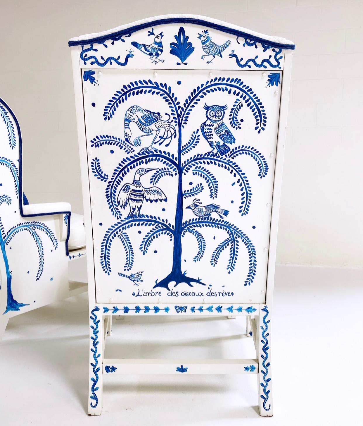Linen Hand-Painted 'Tree of Dream Birds' Set, Pair of Wingbacks with Ottoman