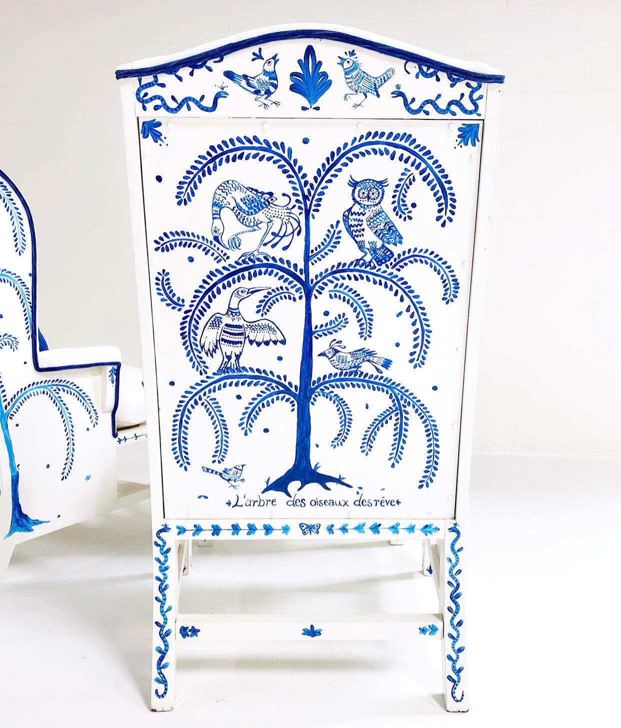 Hand-Painted 'Tree of Dream Birds' Set, Pair of Wingbacks with Ottoman 3