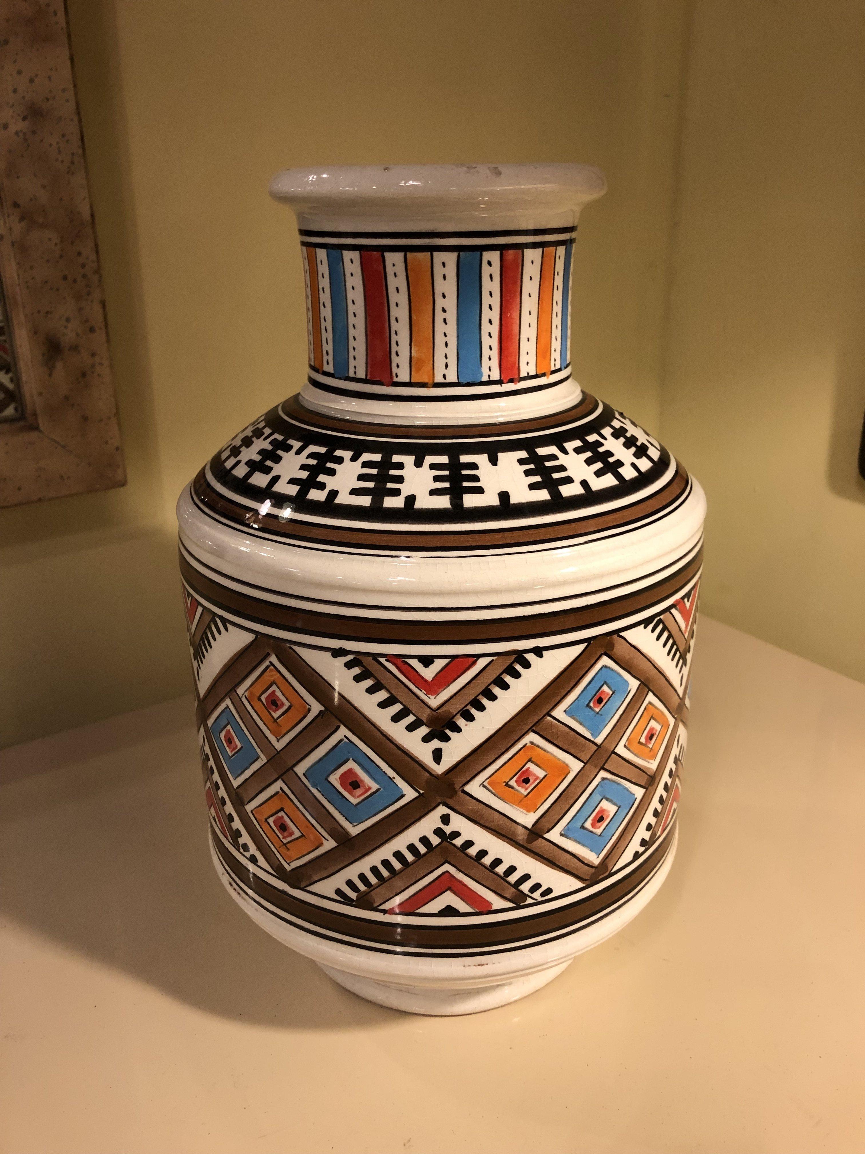 Hand Painted Tribal Ceramic Vase In Good Condition In Plainview, NY