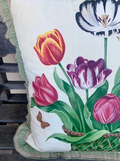 Hand Painted Tulips in a Wire Basket on a Silk Covered Down Pillow
