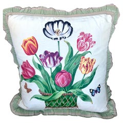 Hand Painted Tulips in a Wire Basket on a Silk Covered Down Pillow