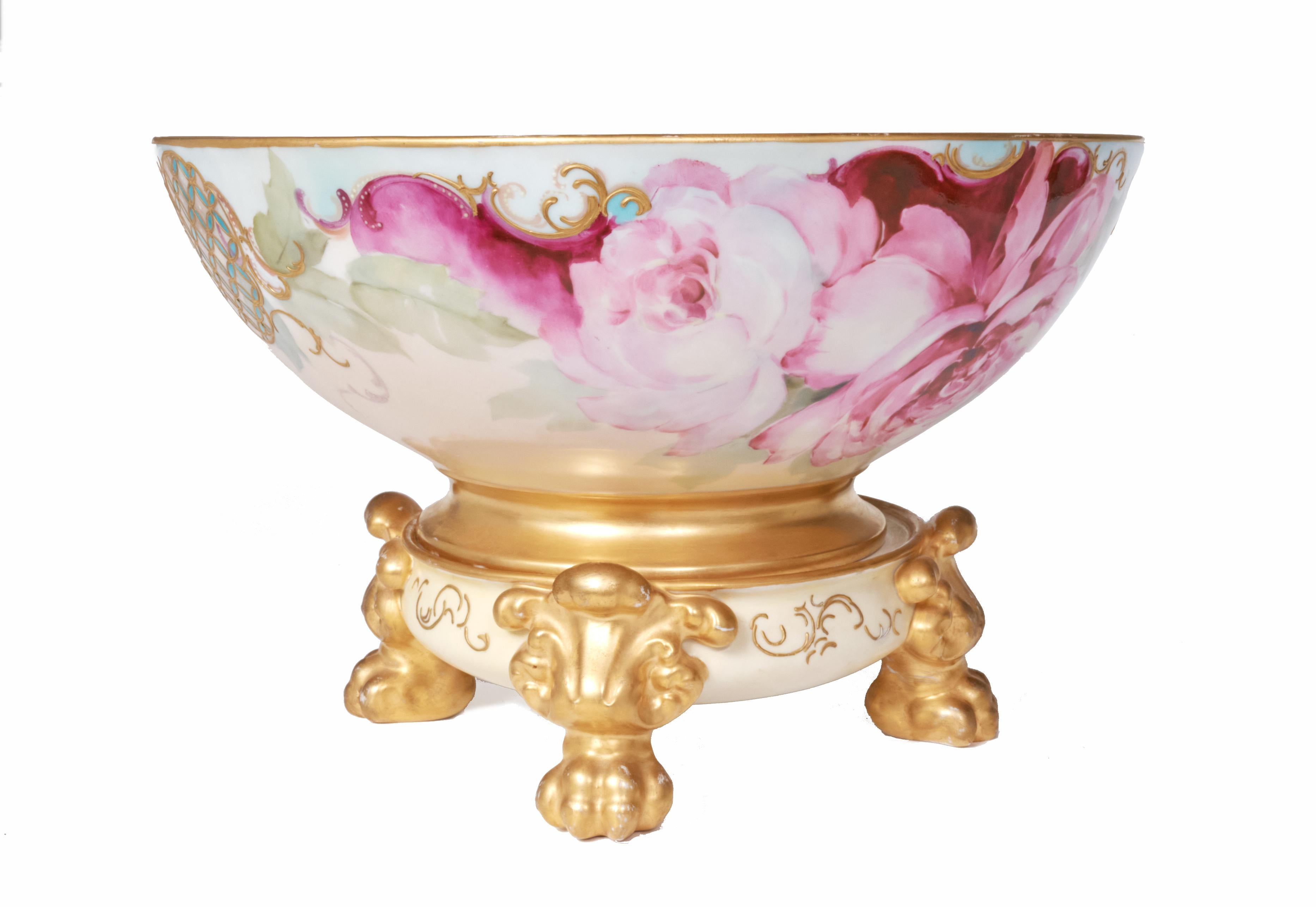 French Hand Painted Two-Piece Footed Porcelain Pouyat Limoges Punch Bowl