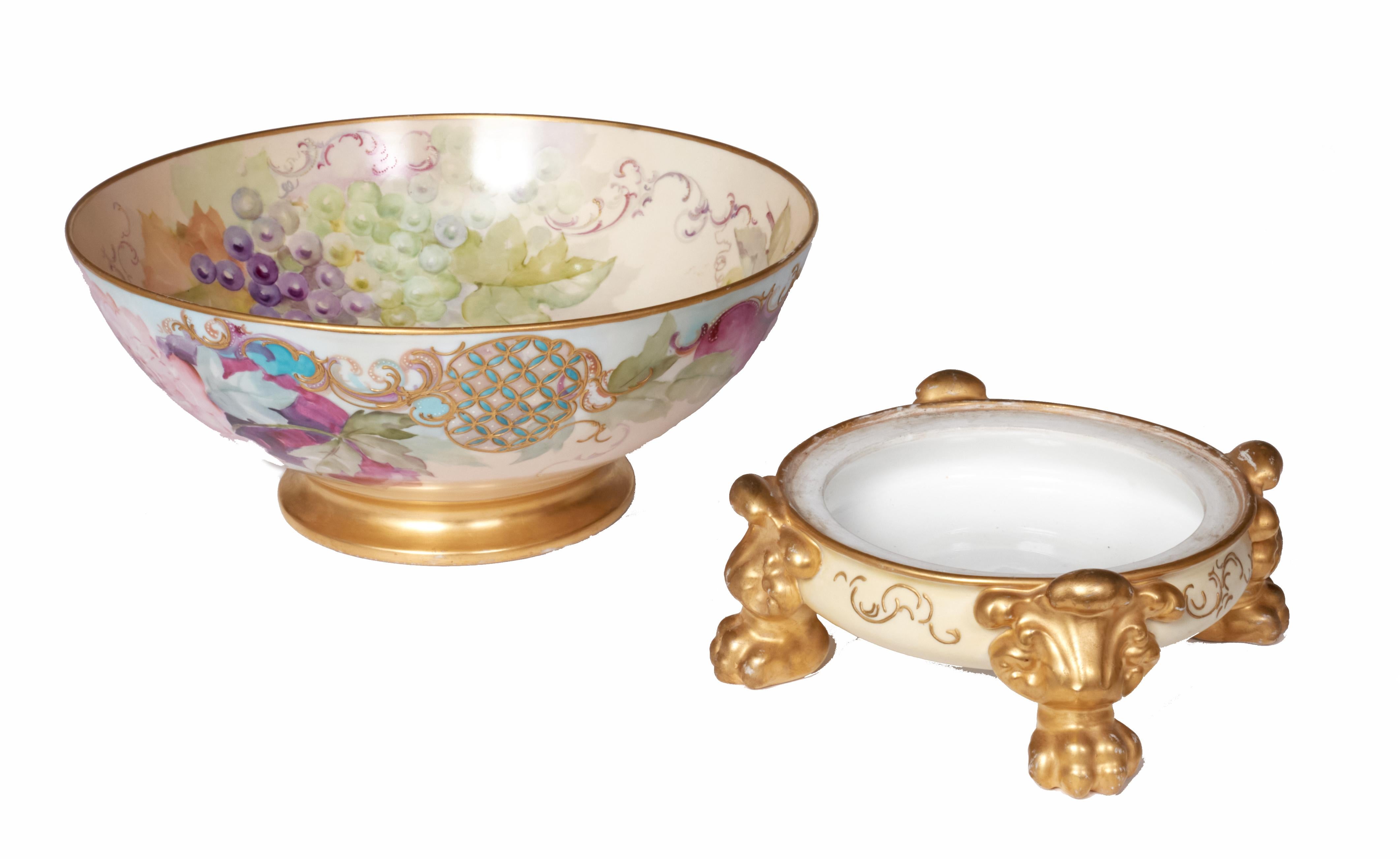 Hand-Painted Hand Painted Two-Piece Footed Porcelain Pouyat Limoges Punch Bowl