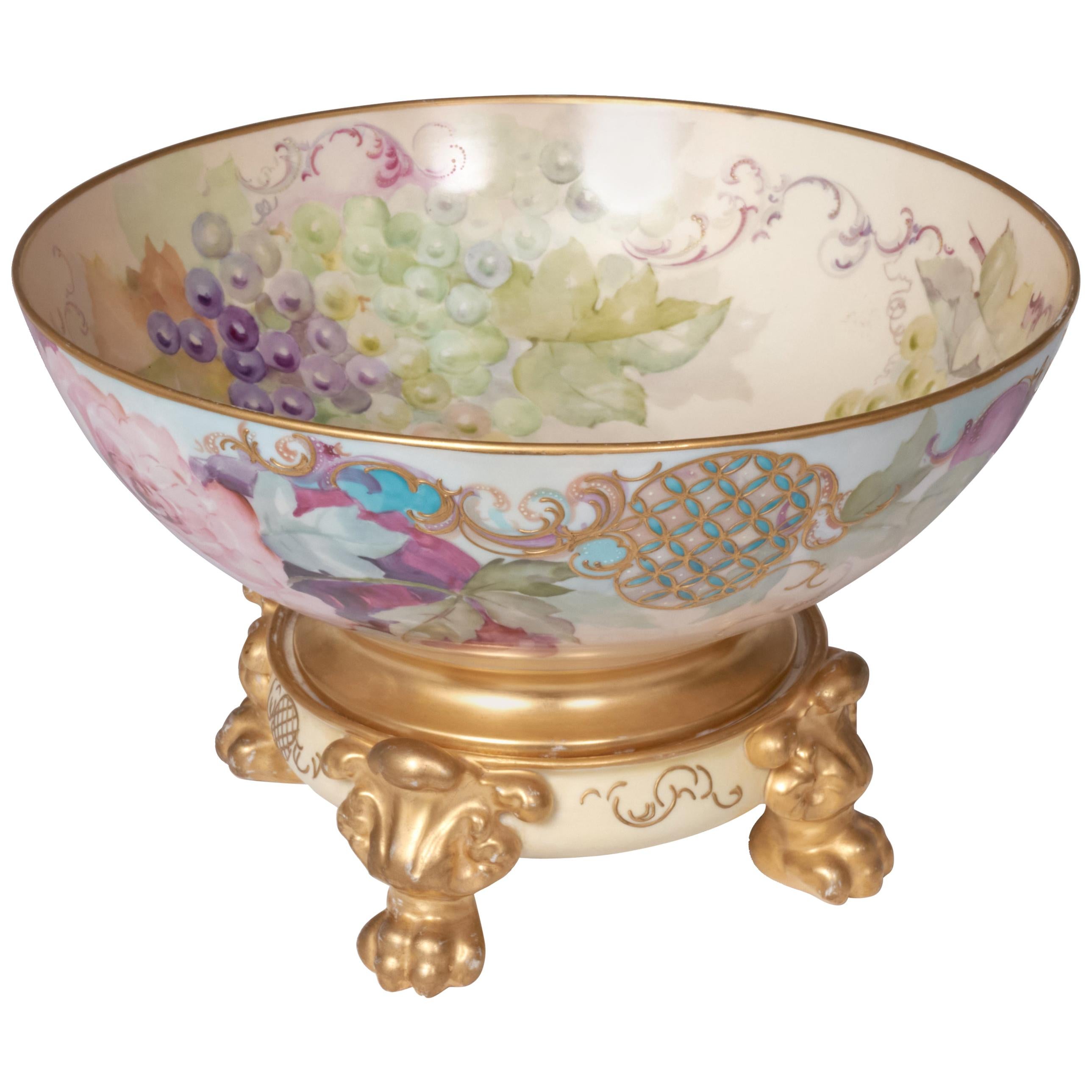 Hand Painted Two-Piece Footed Porcelain Pouyat Limoges Punch Bowl