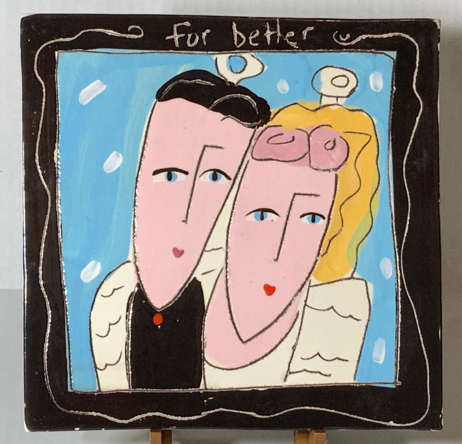 Beautiful hand painted and glaze ceramic tile painted on two sides, funny subject.
Displayed on wood stand, wood stand included.
 
