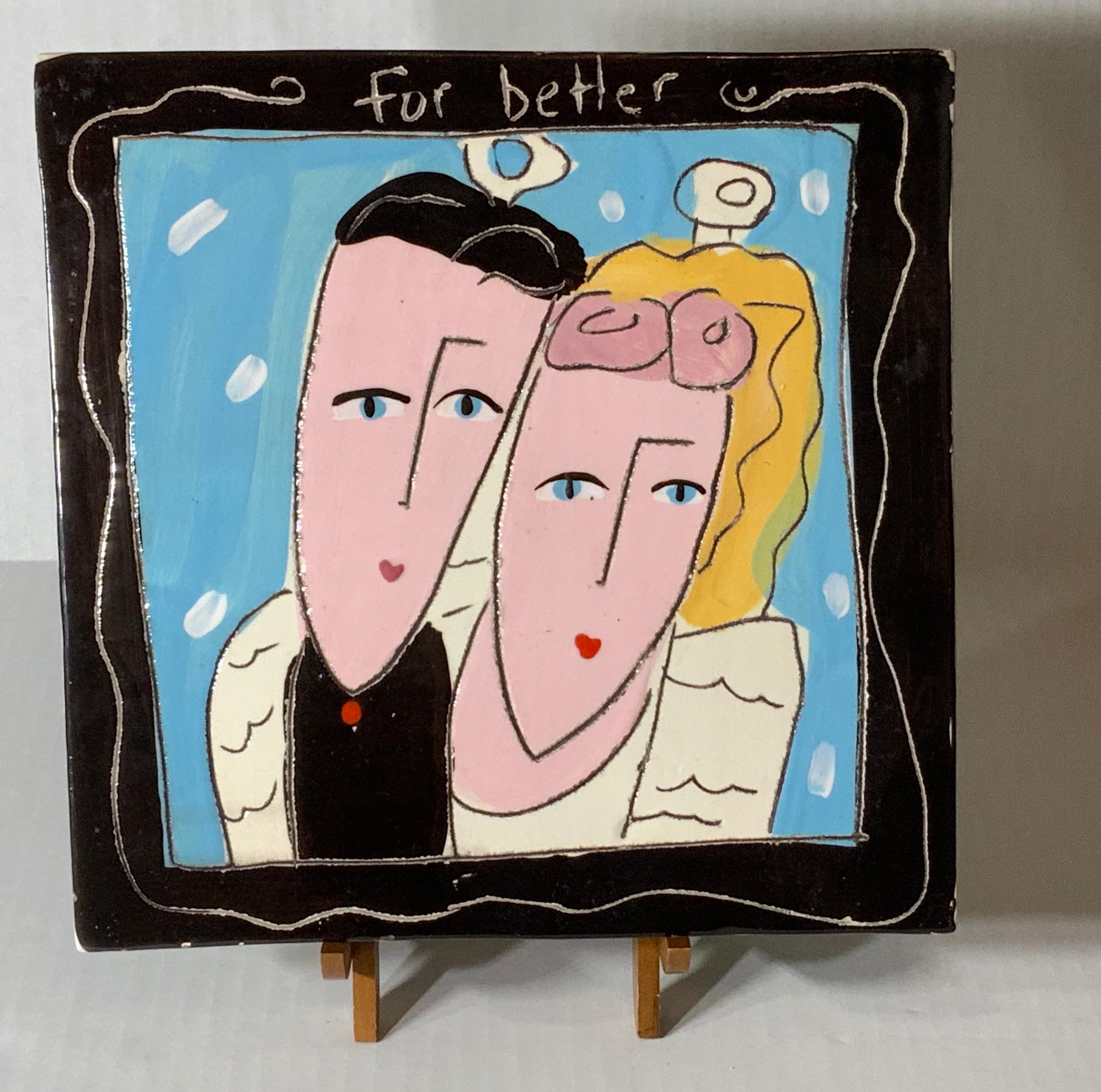 Hand Painted Two Side Modern Ceramic Tile In Good Condition For Sale In Delray Beach, FL