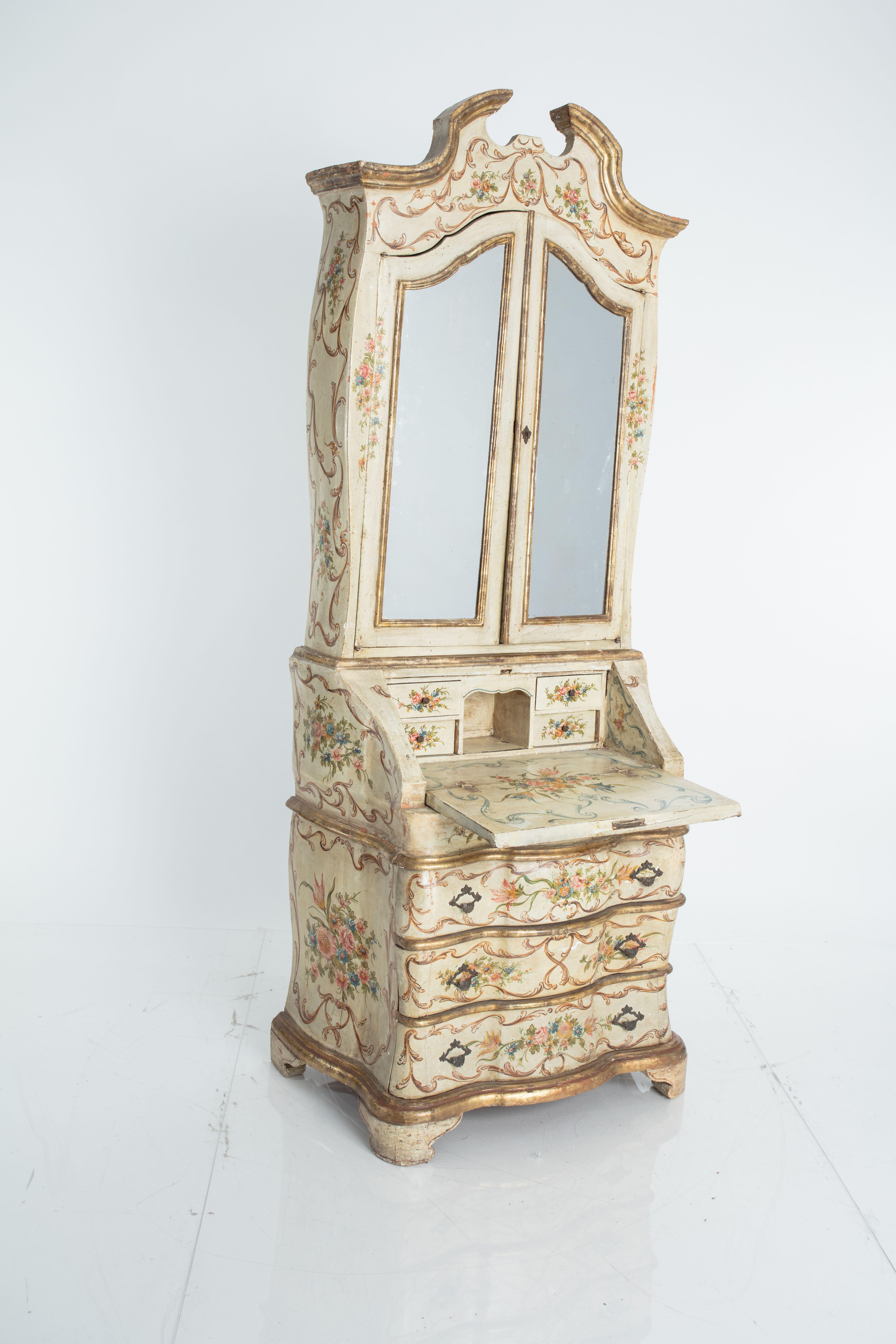 Other Antique Rococo Style Venetian Secretary Cabinet with Gilt and Floral Motif